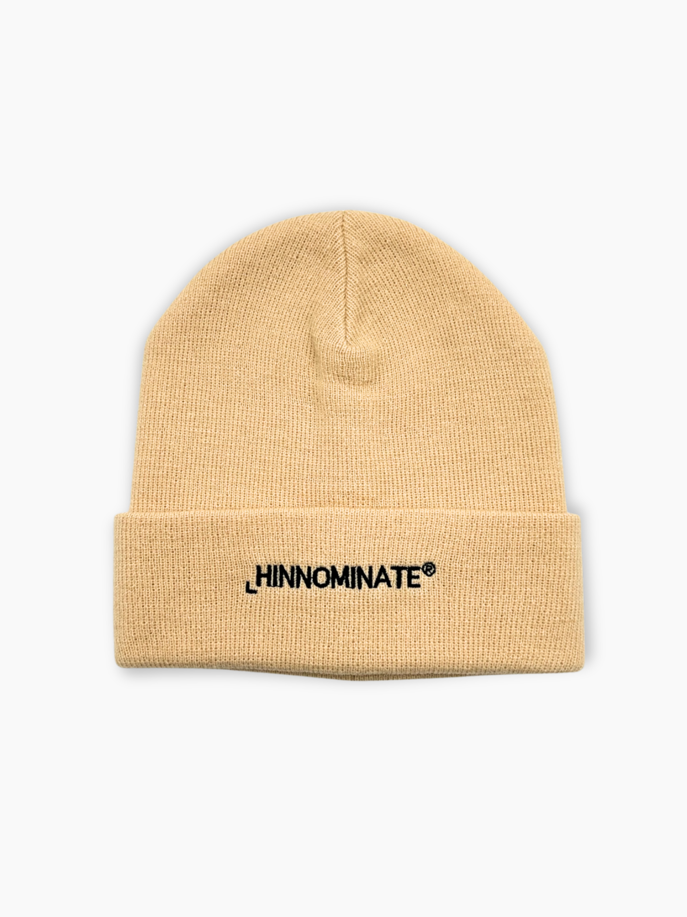Berretto Hinnominate beige in maglia con risvolto e logo nero ricamato