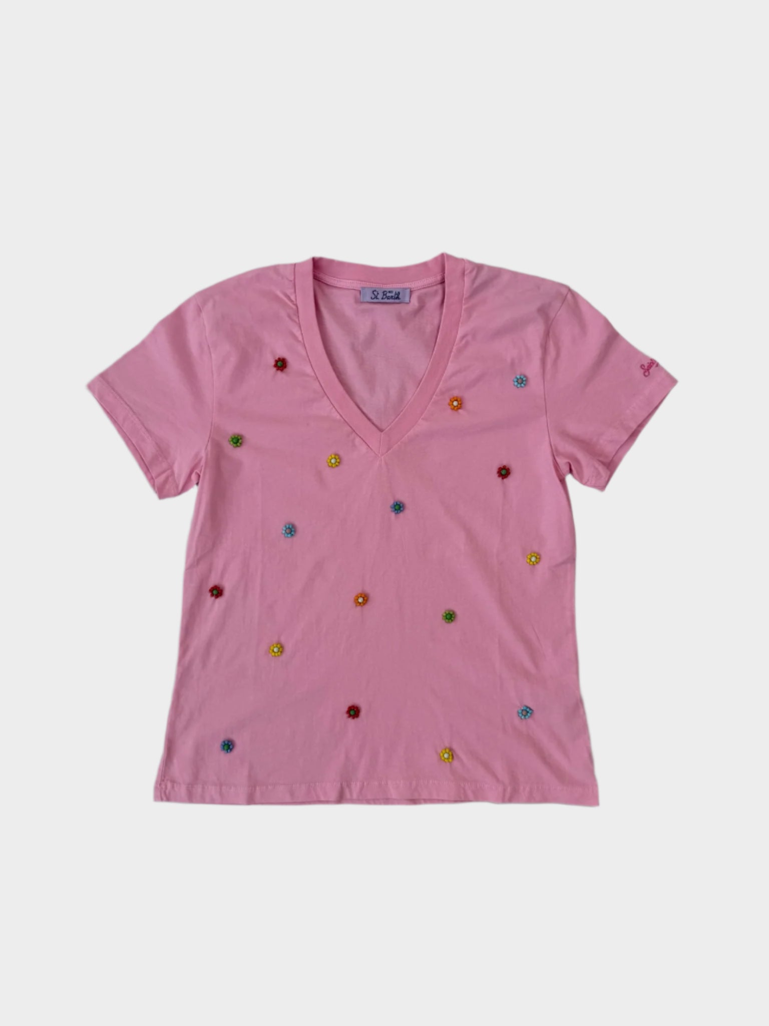 T-shirt rosa con ricami di margherite multicolor vista frontale