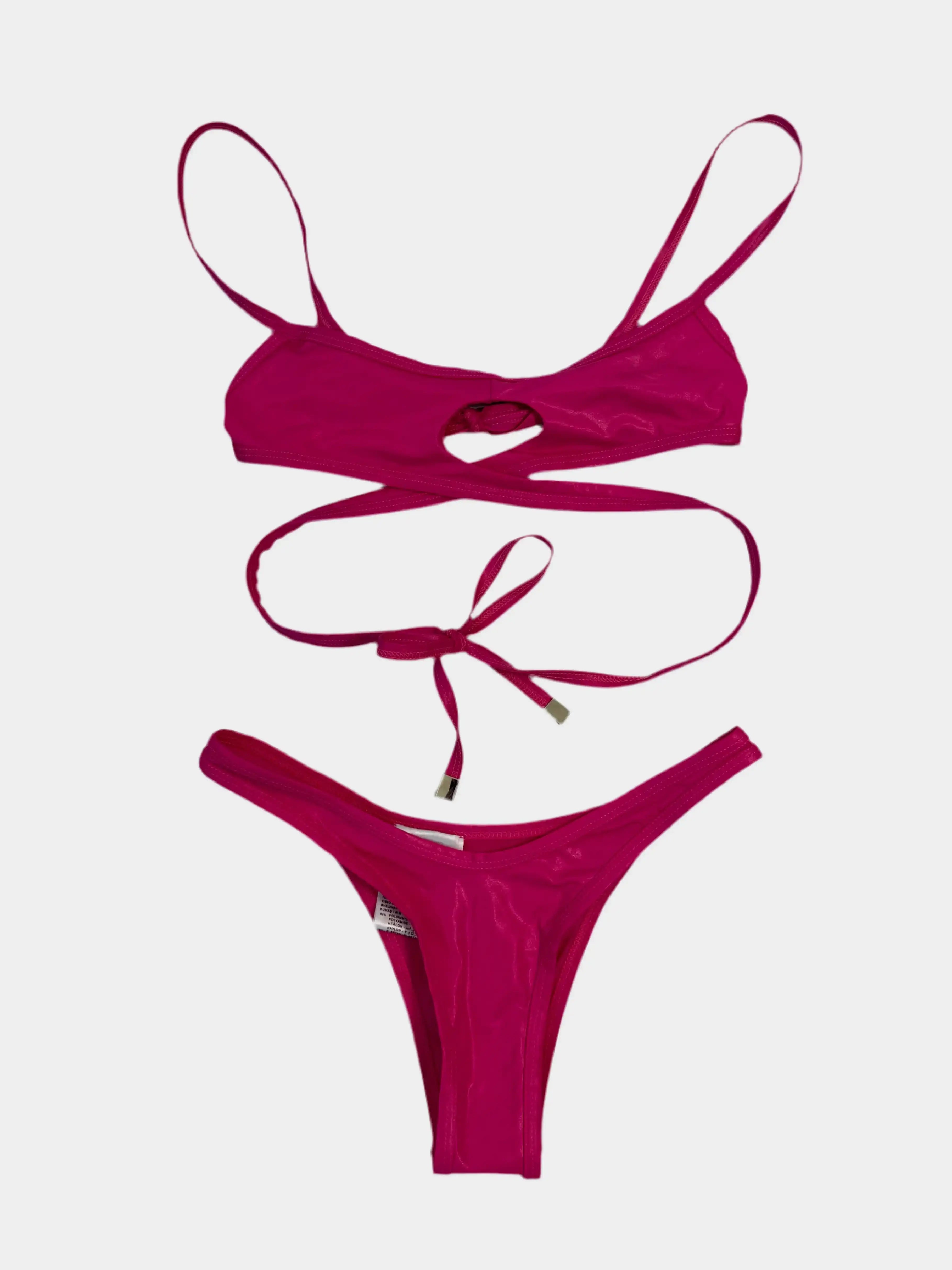 Bikini The Attico fucsia lucido con cut-out e lacci vista frontale