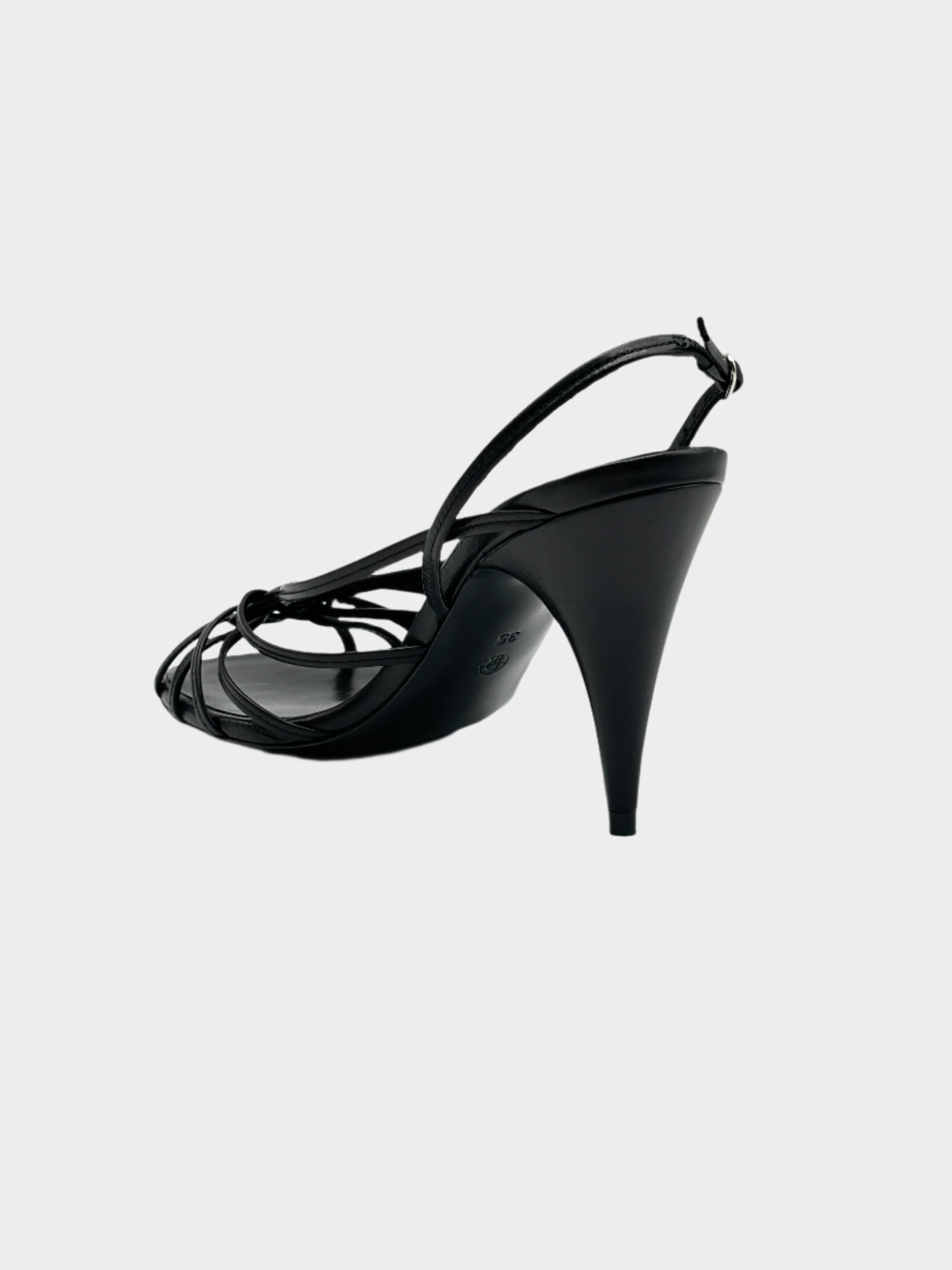 Black Heel Sandals in pelle con multi cinturini, nodo centrale e tacco 9 cm.