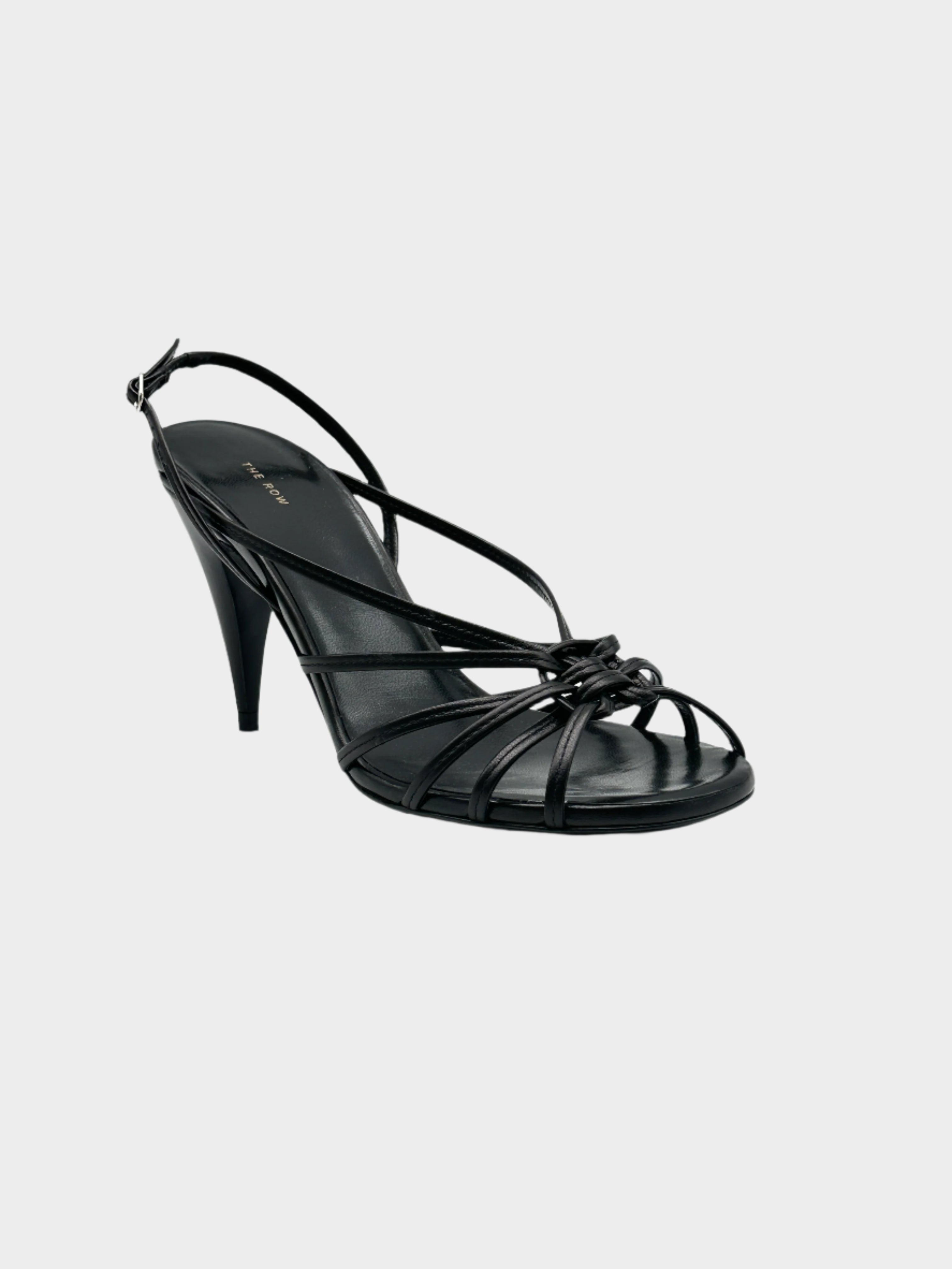 Black Heel Sandals in pelle con multi cinturini, nodo centrale e tacco 9 cm.