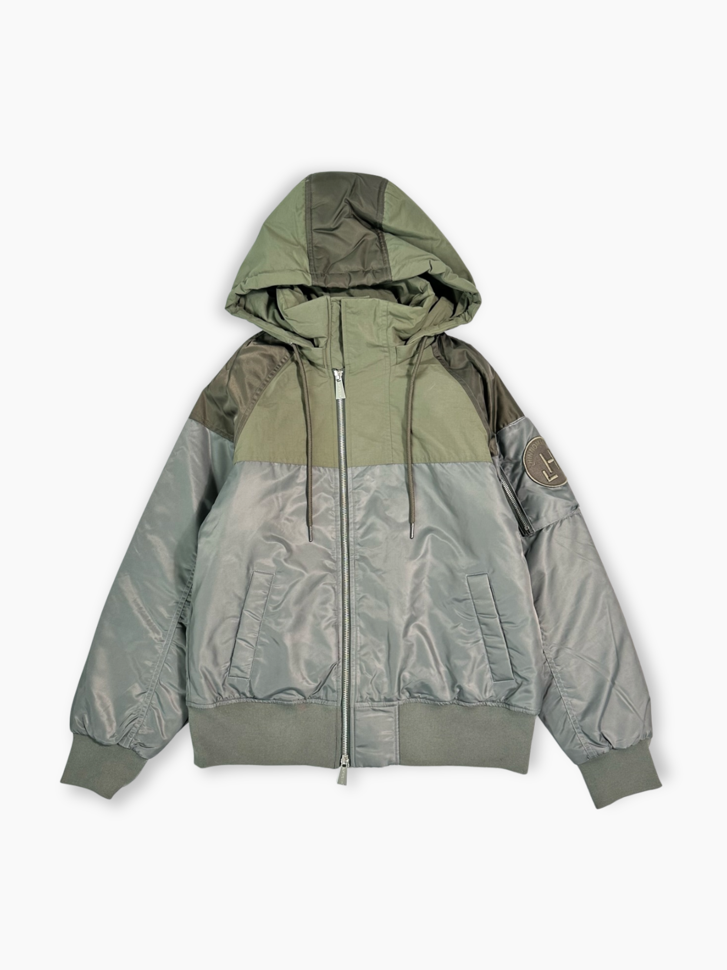 Bomber verde bicolore Hinnominate con cappuccio e zip vista frontale