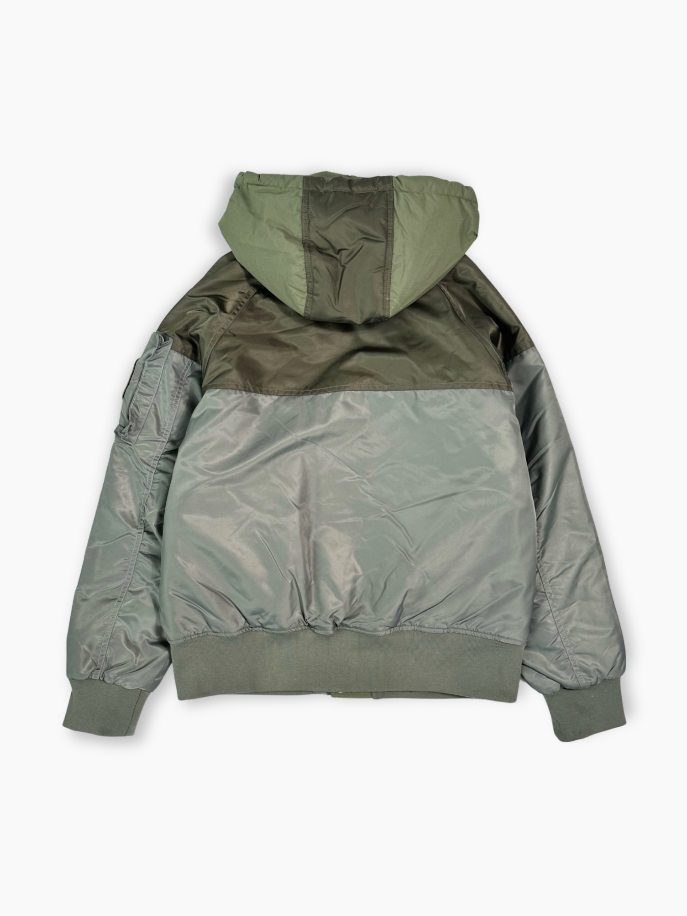 Bomber verde bicolore Hinnominate con cappuccio visto da dietro