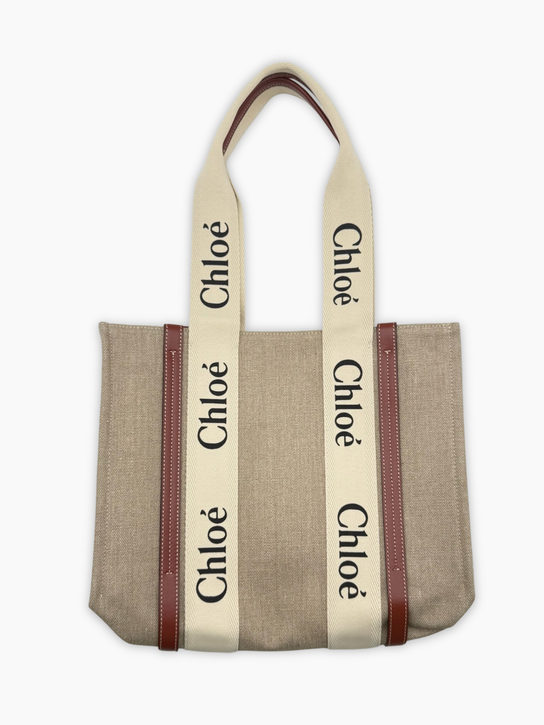 Borsa tote grande Chloé Woody in tela beige con manici logati retro