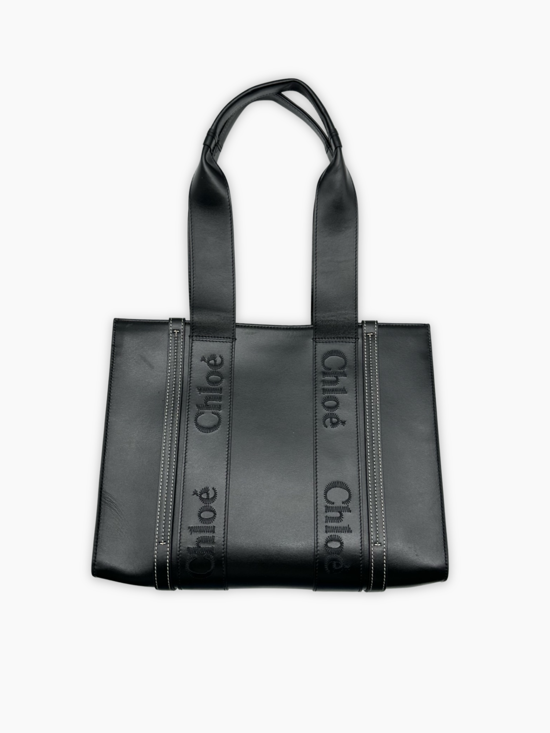 Borsa tote grande Chloé Woody in pelle nera retro
