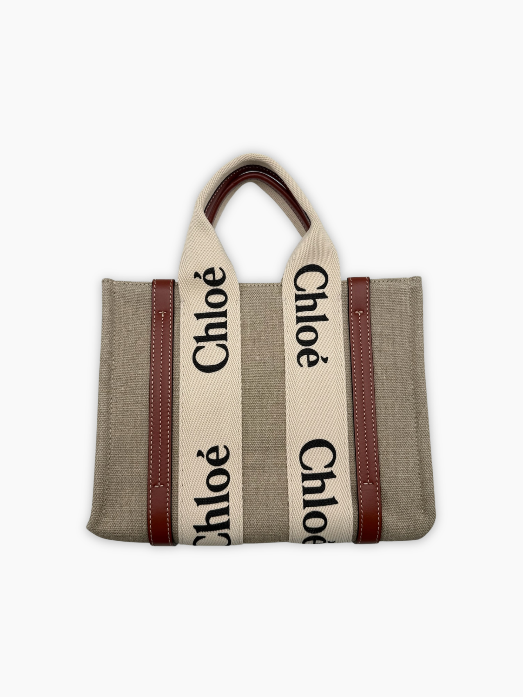Borsa tote piccola Chloé Woody in tela beige con manici logati retro