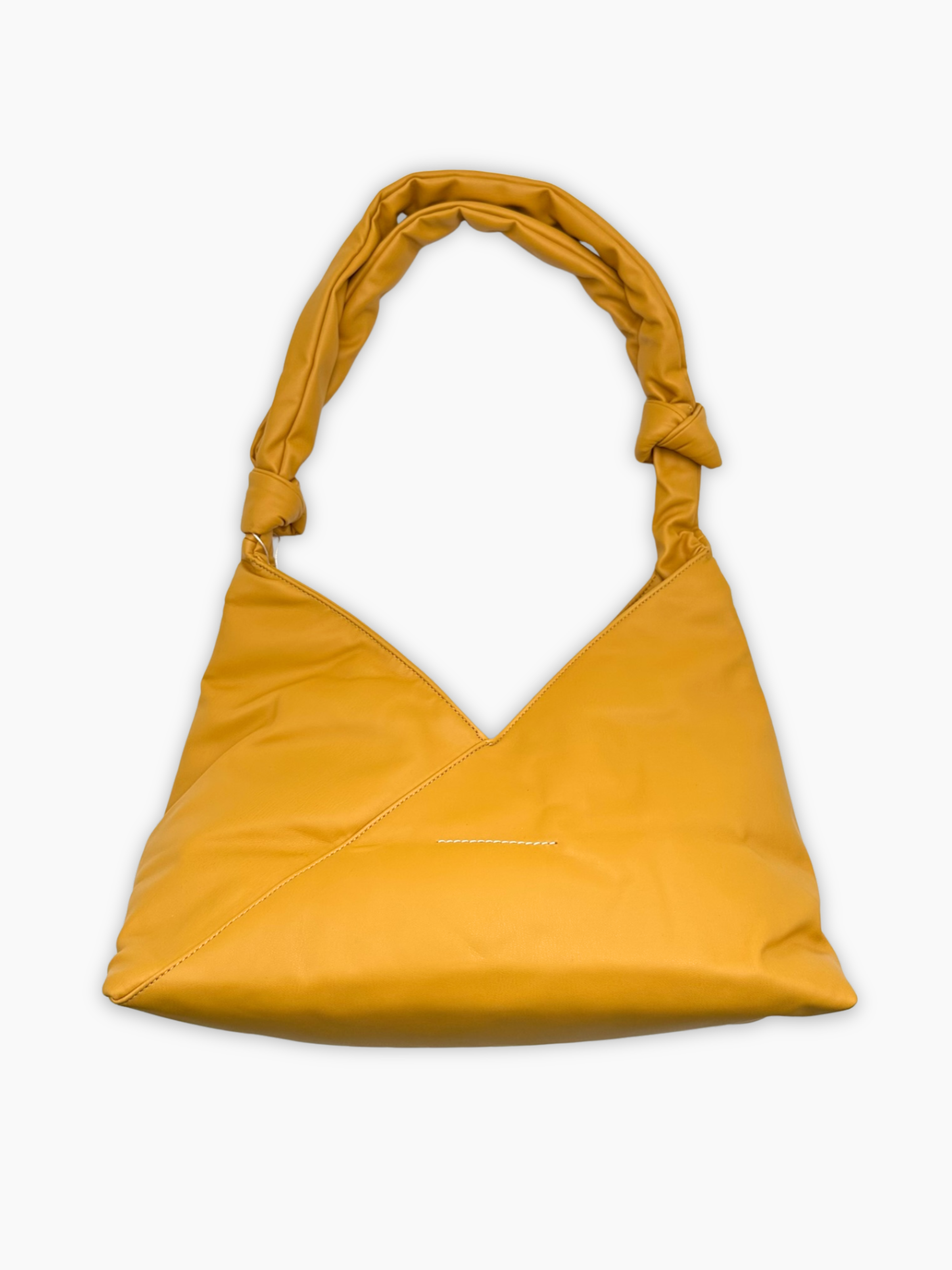 Borsa oversize gialla in ecopelle con manico annodato vista frontale