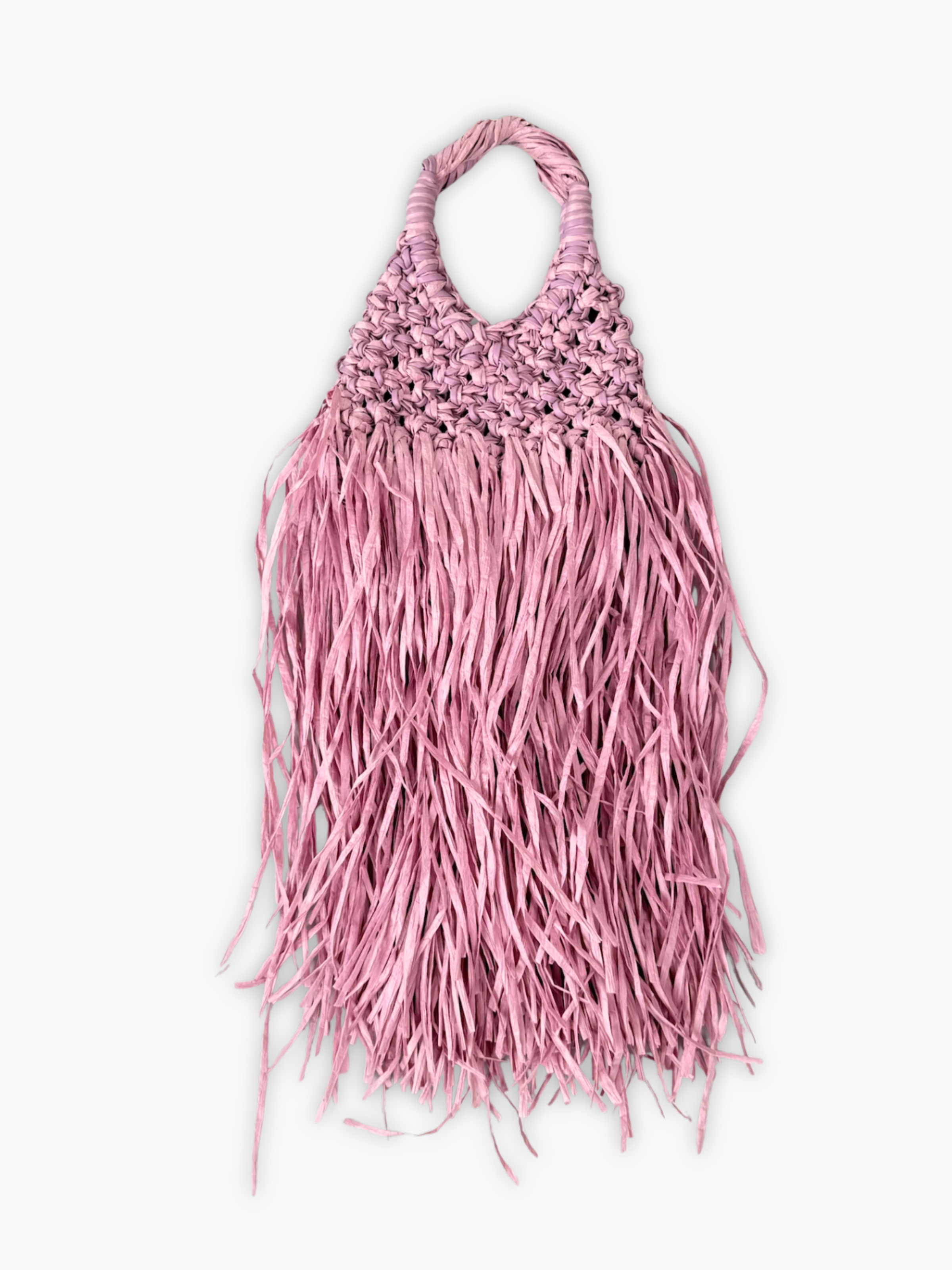 Borsa Hibourama rosa con frange in rafia vista frontale