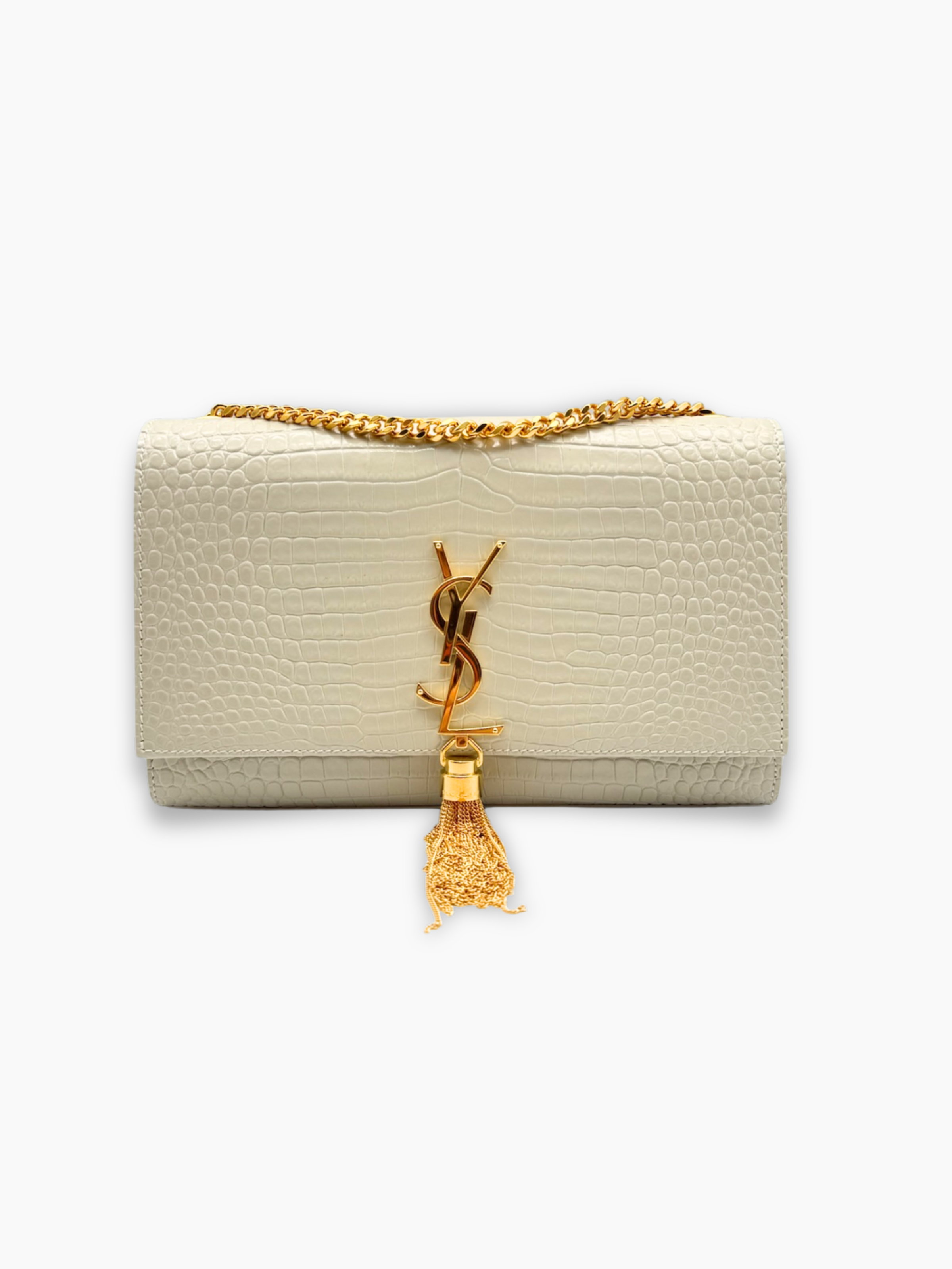 Borsa Kate Medium Saint Laurent avorio in pelle effetto coccodrillo con logo YSL e nappa dorata