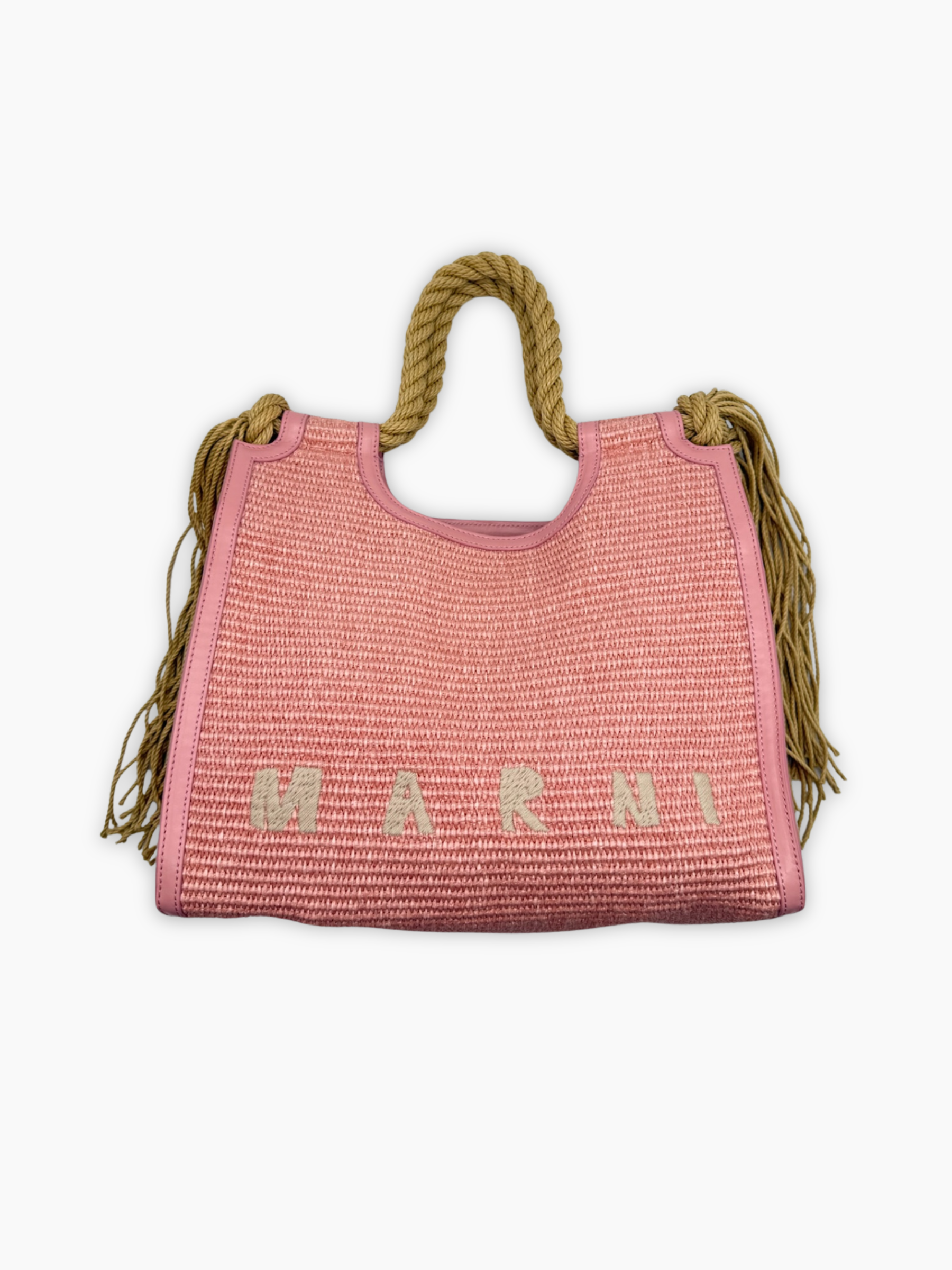Borsa Marni in paglia rosa con manici in corda vista frontale