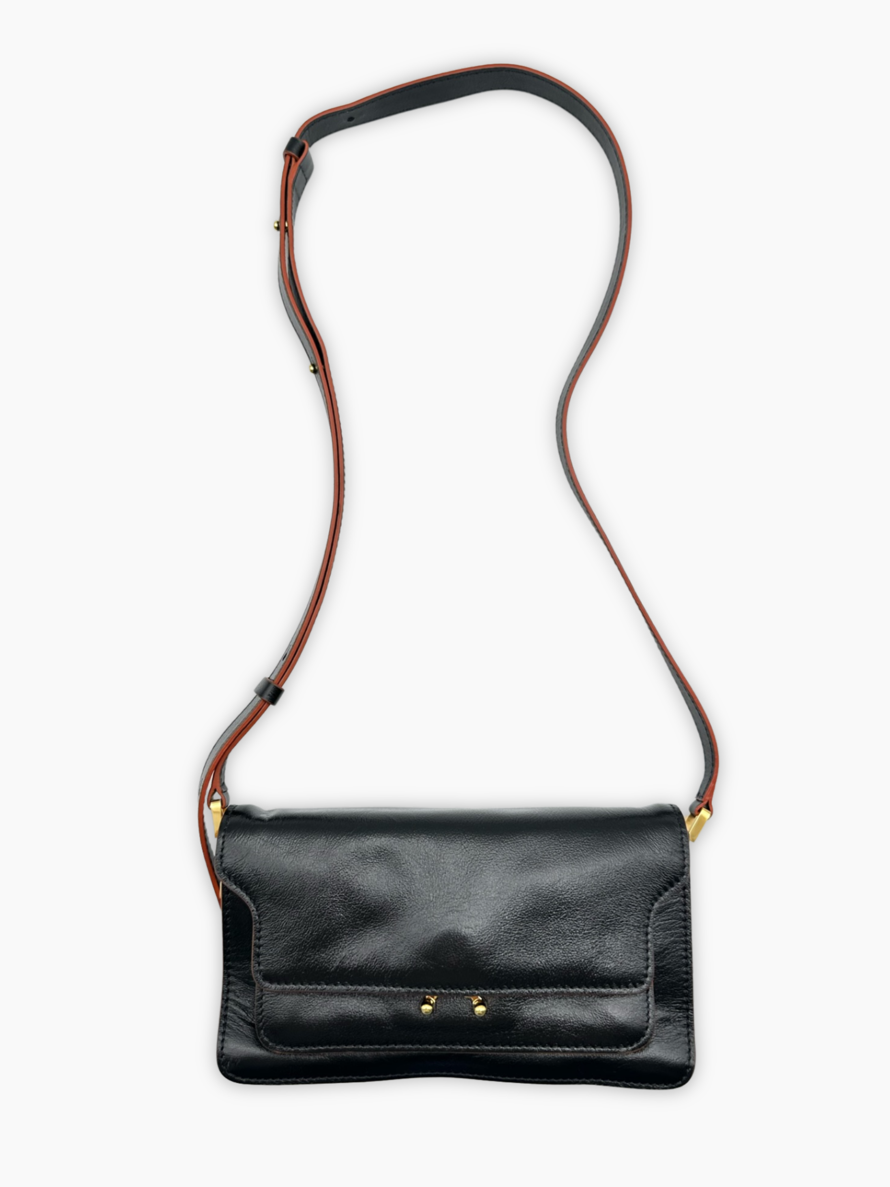 Borsa Trunk Marni in pelle nera con profili arancioni vista frontale