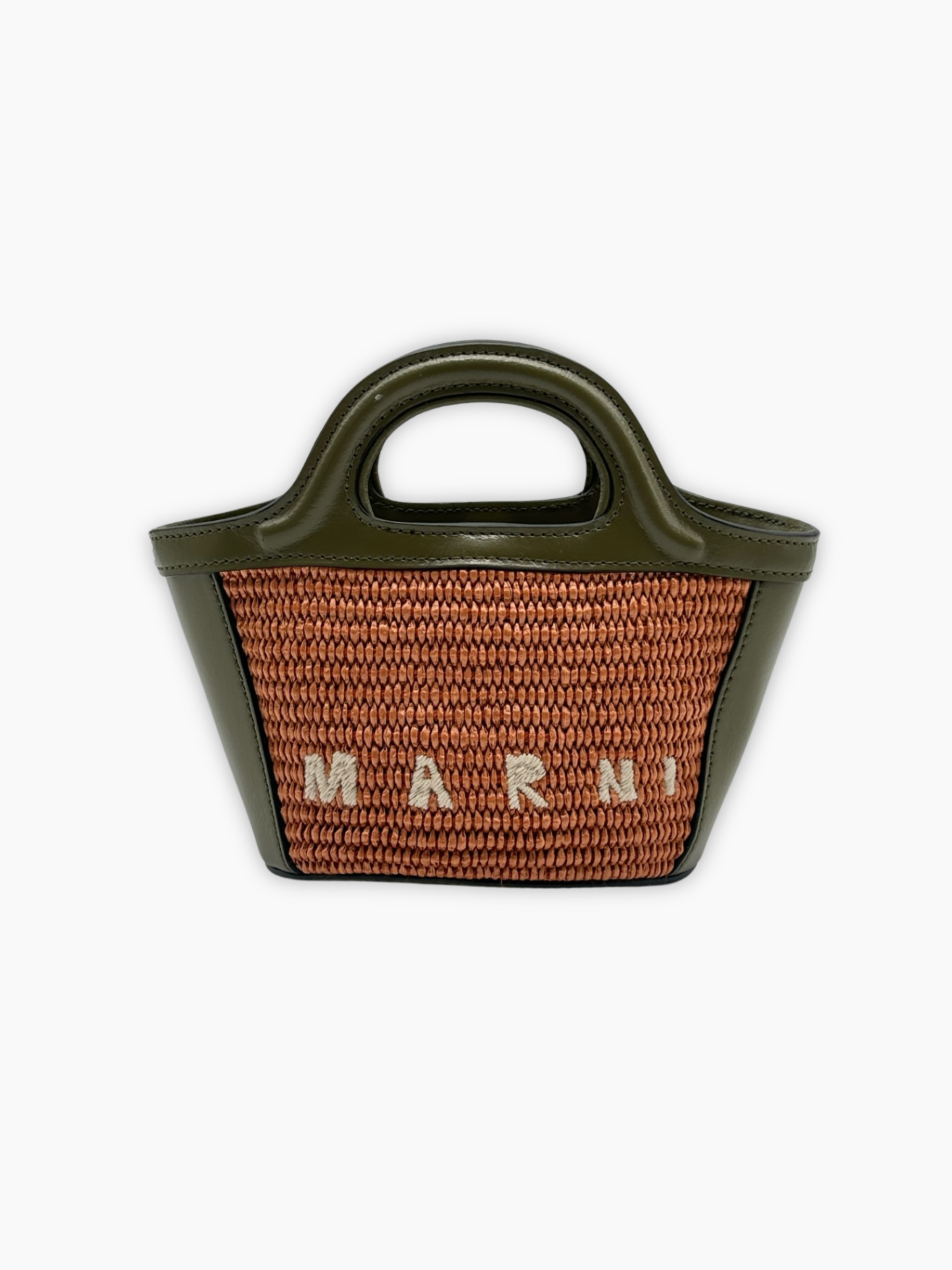 Borsa mini Marni in rafia arancione con dettagli verde oliva vista frontale
