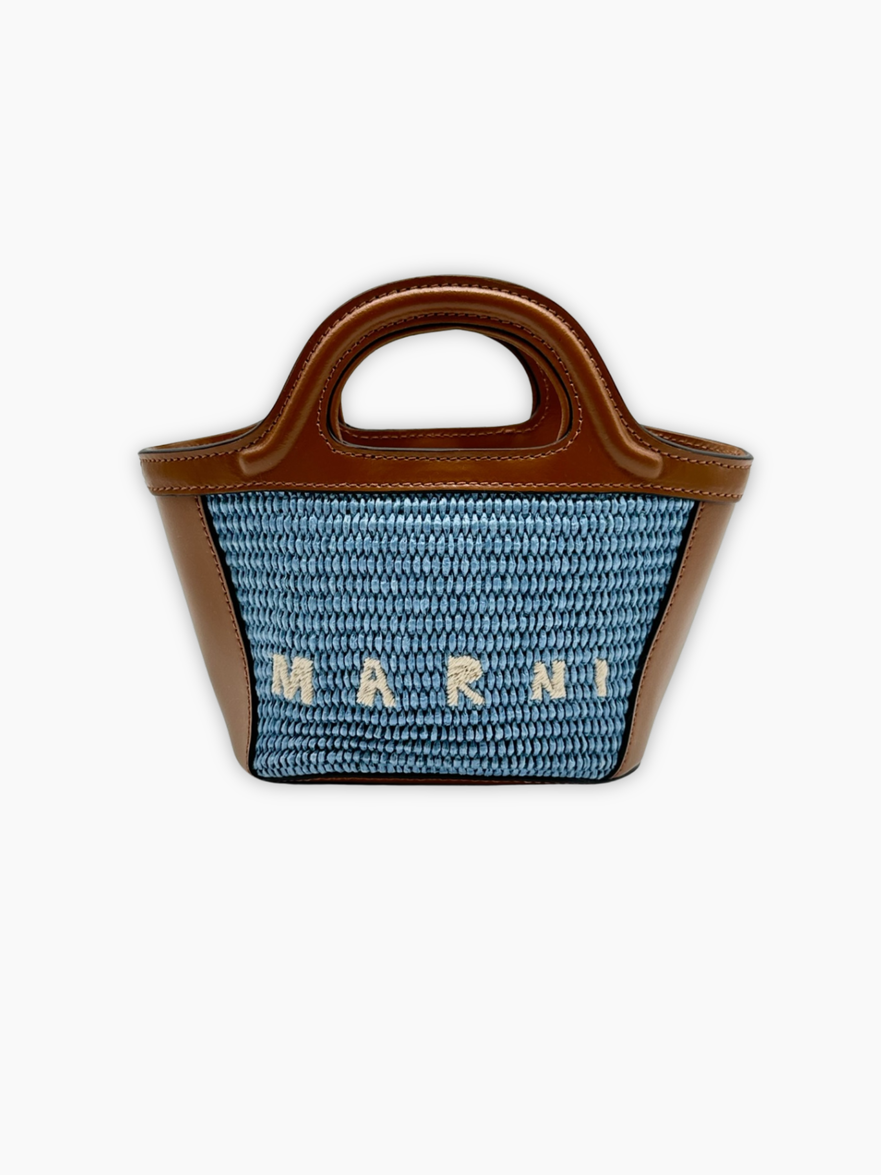 Borsa mini Marni in rafia azzurra con dettagli marroni vista frontale