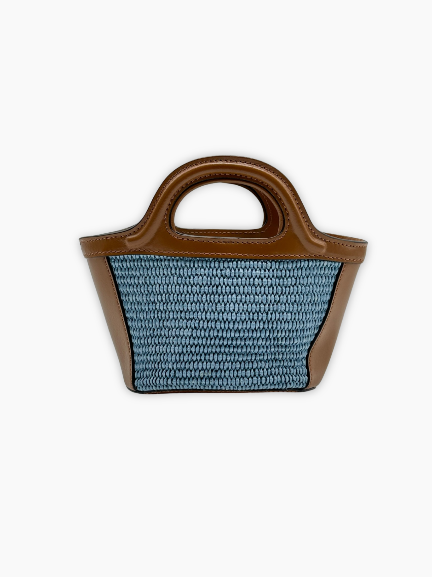 Borsa mini Marni in rafia azzurra con dettagli marroni vista retro