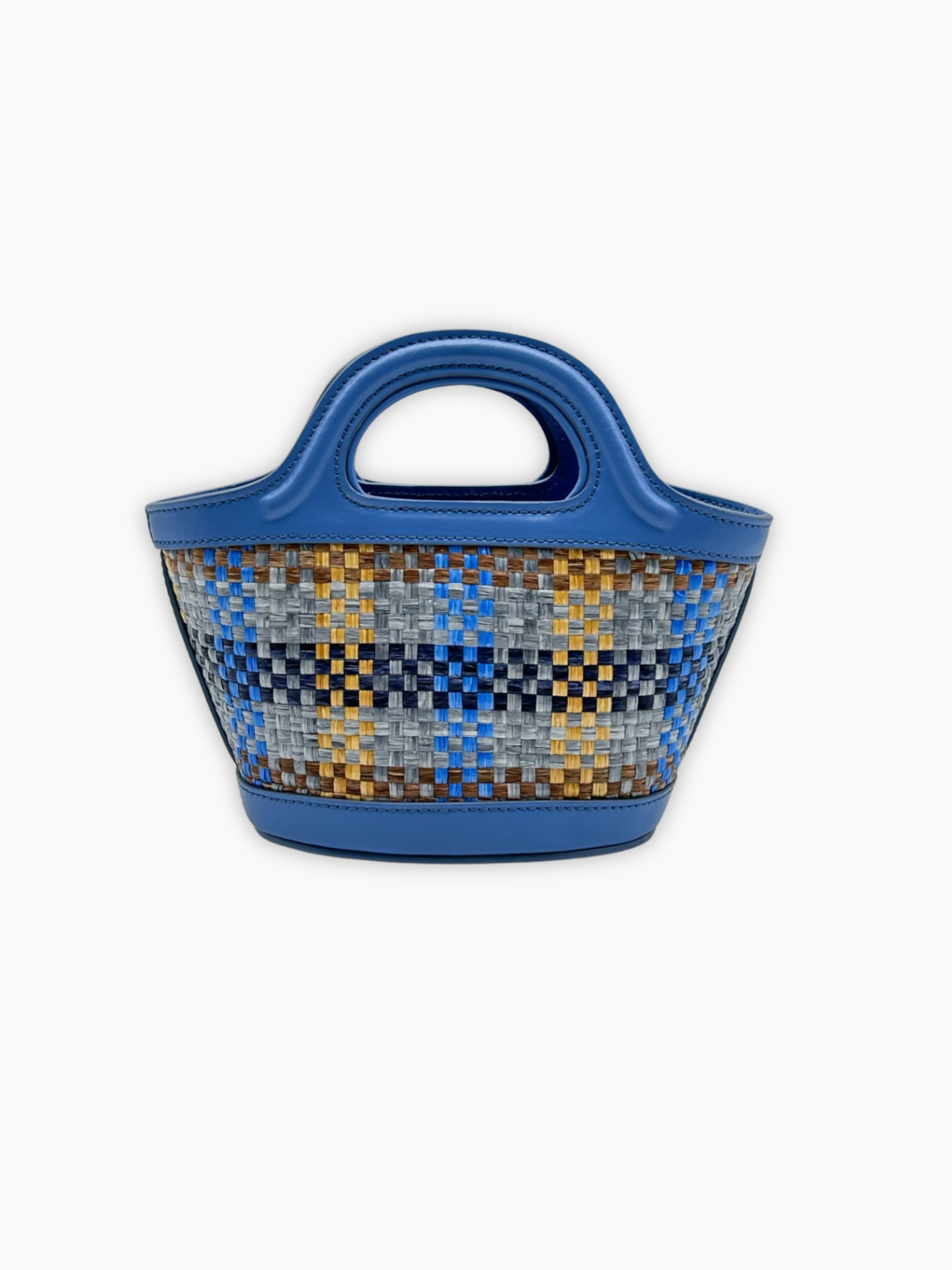 Borsa mini Marni in PVC intrecciato multicolor con dettagli in pelle blu vista retro