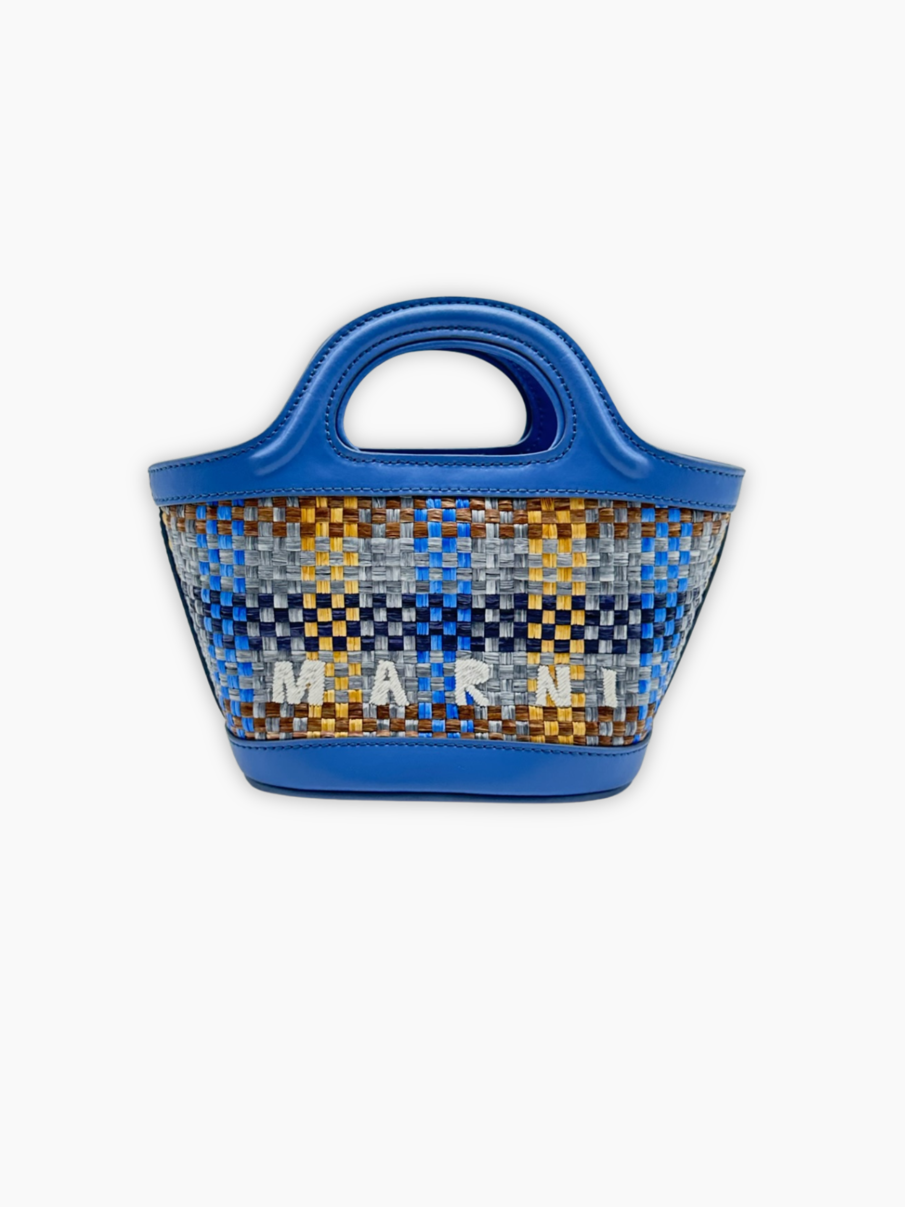 Borsa mini Marni in PVC intrecciato multicolor con dettagli in pelle blu vista frontale