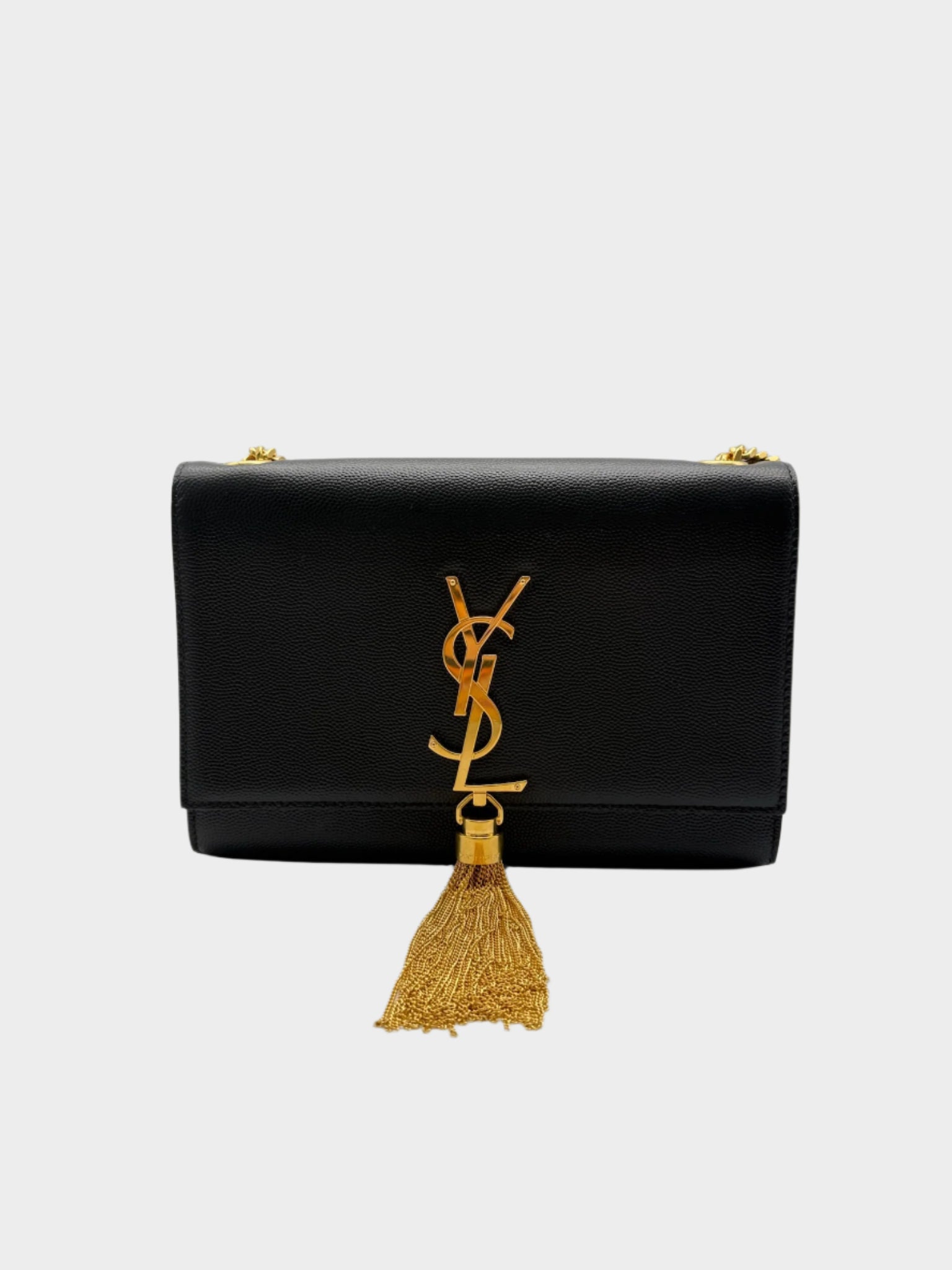 Borsa Saint Laurent nera in pelle con logo dorato e nappina vista frontale