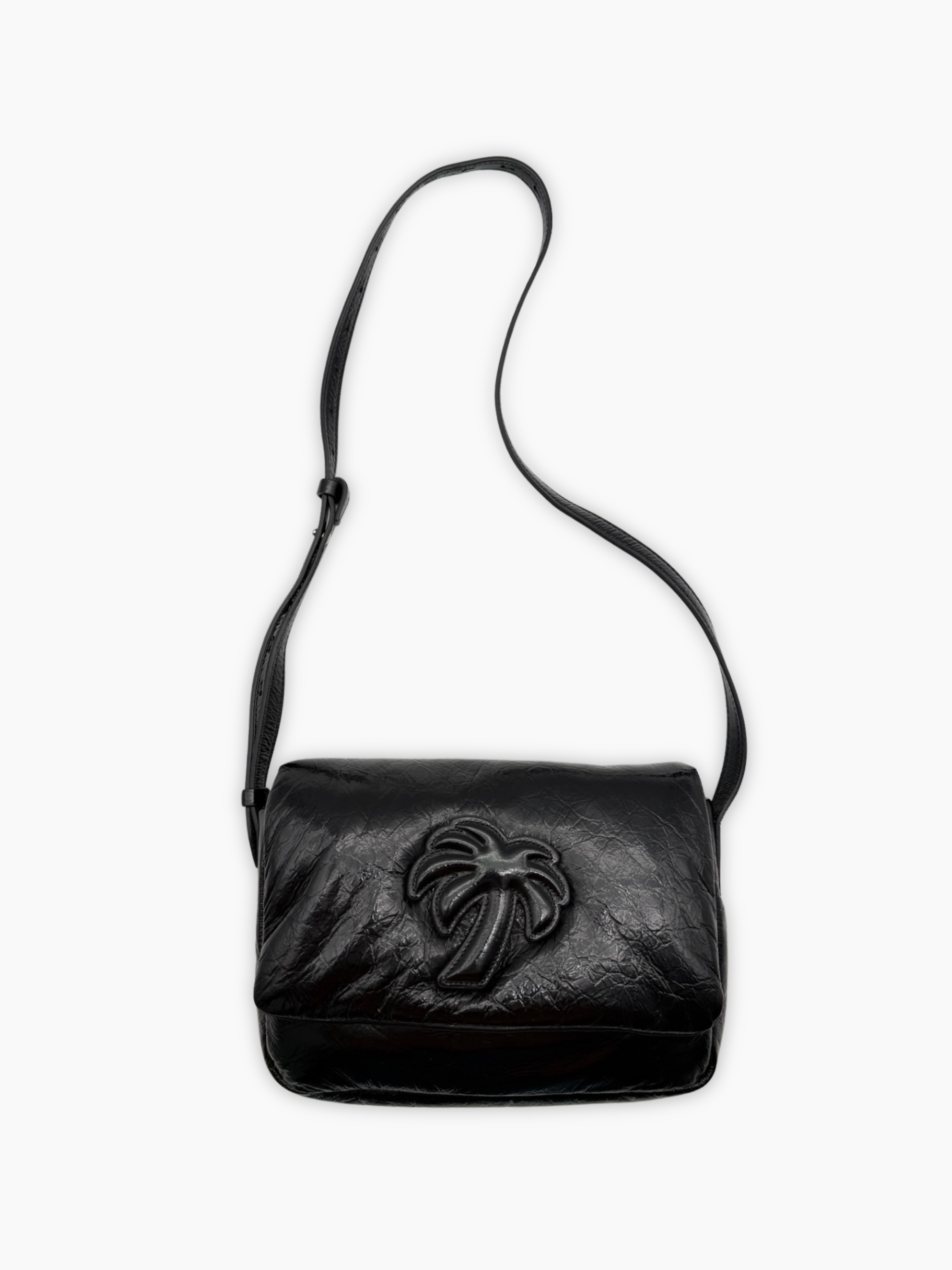 Borsa Palm Angels in pelle nera con palmetta in rilievo vista frontale