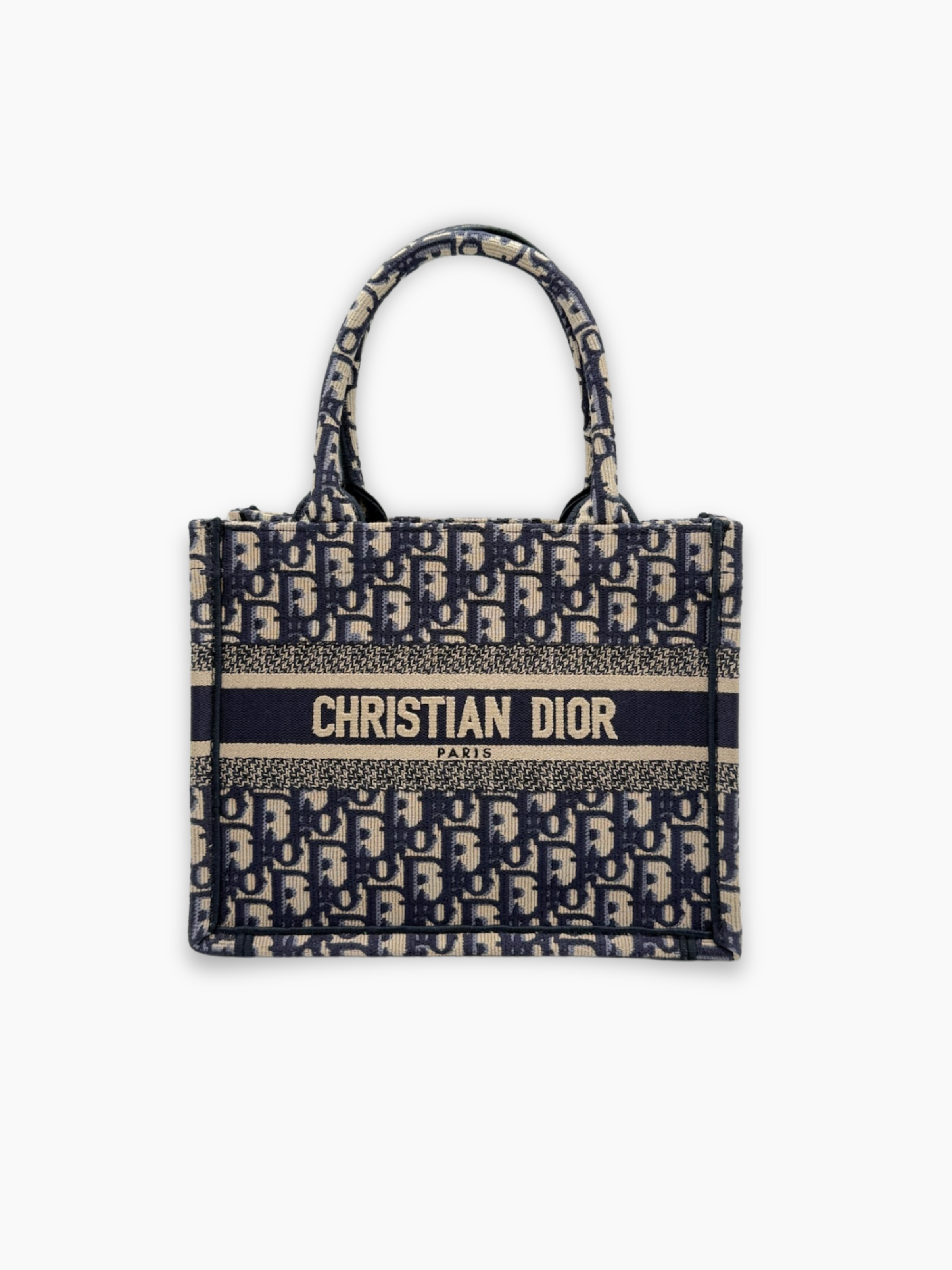 Borsa Dior Book Tote piccola in canvas ricamato con motivo Oblique vista frontale
