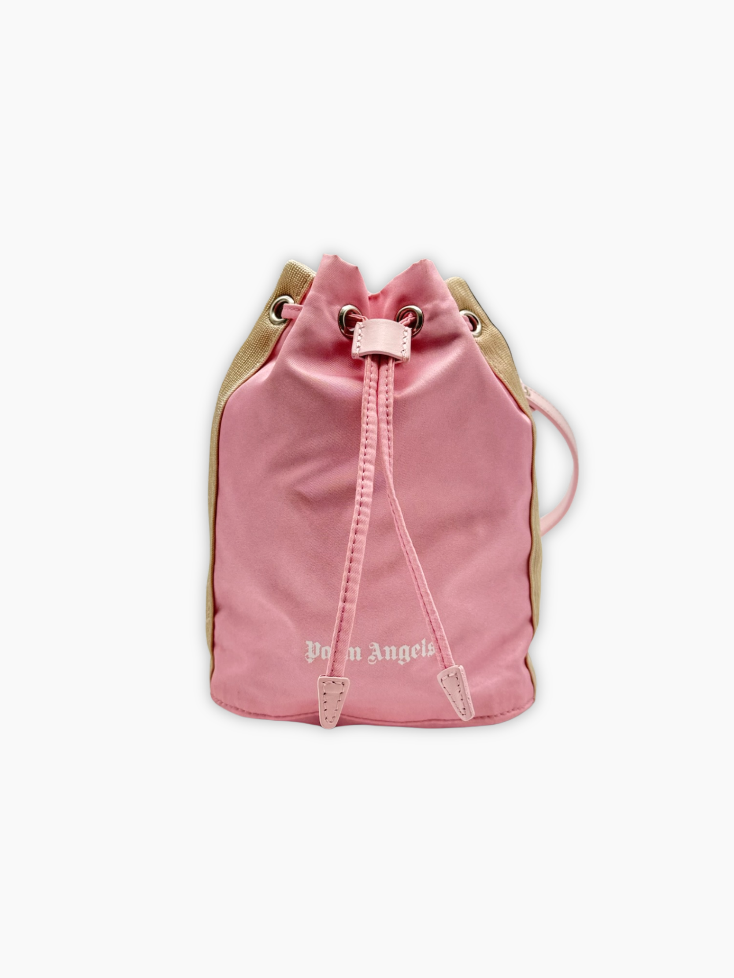 Borsa secchiello Palm Angels rosa e beige con chiusura coulisse vista frontale