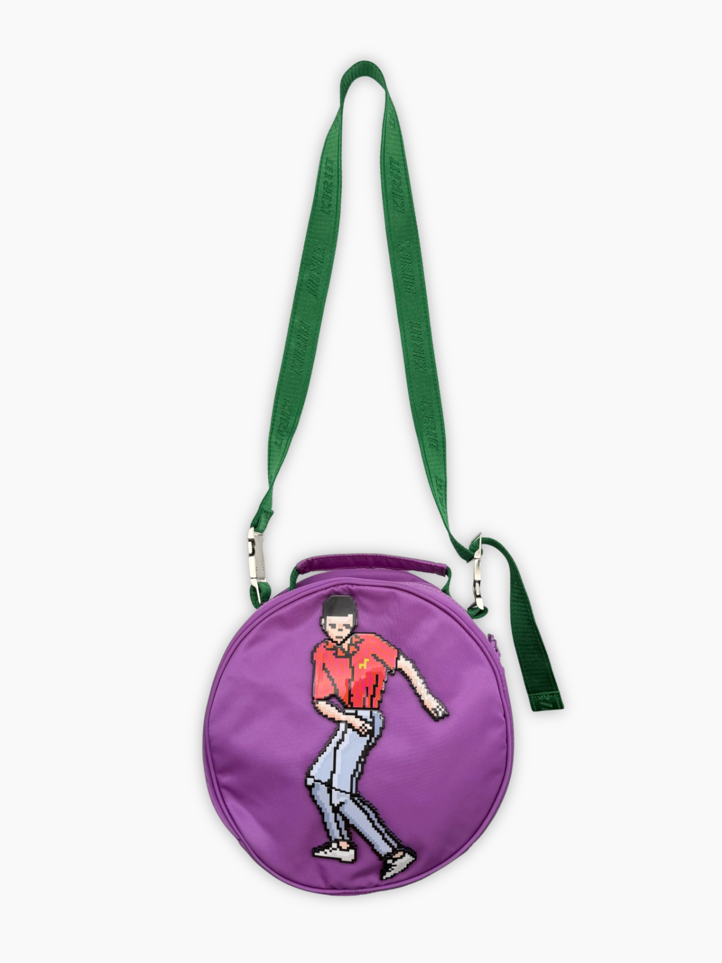 Borsa tonda Kirin viola con tracolla verde e stampa uomo pixellato vista frontale