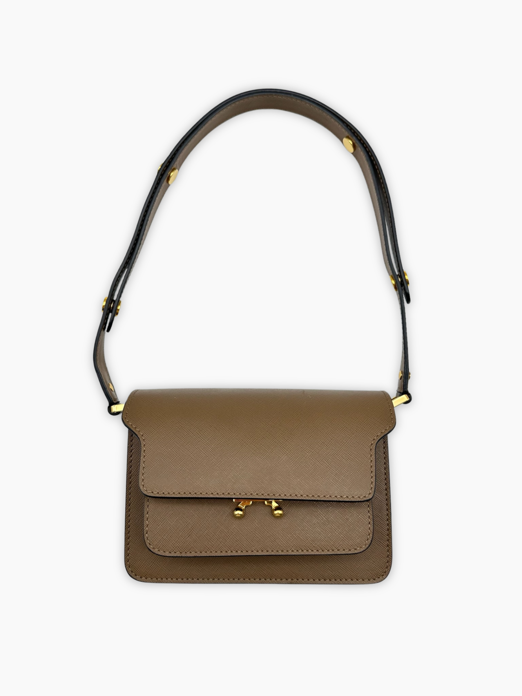 Borsa Trunk Marni in pelle saffiano tortora con tracolla regolabile vista frontale
