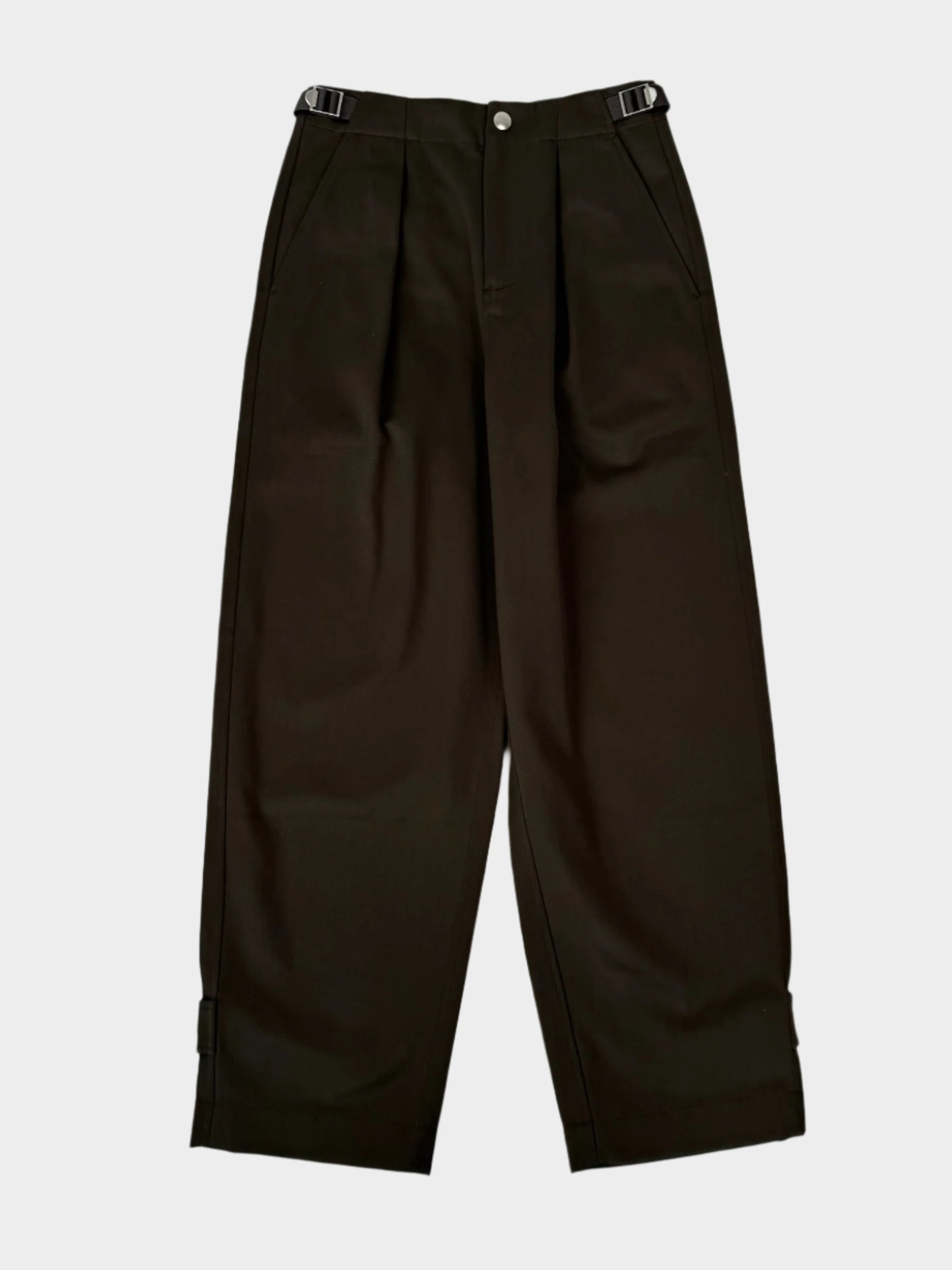 Pantaloni Burberry marroni con fibbie regolabili, vista frontale