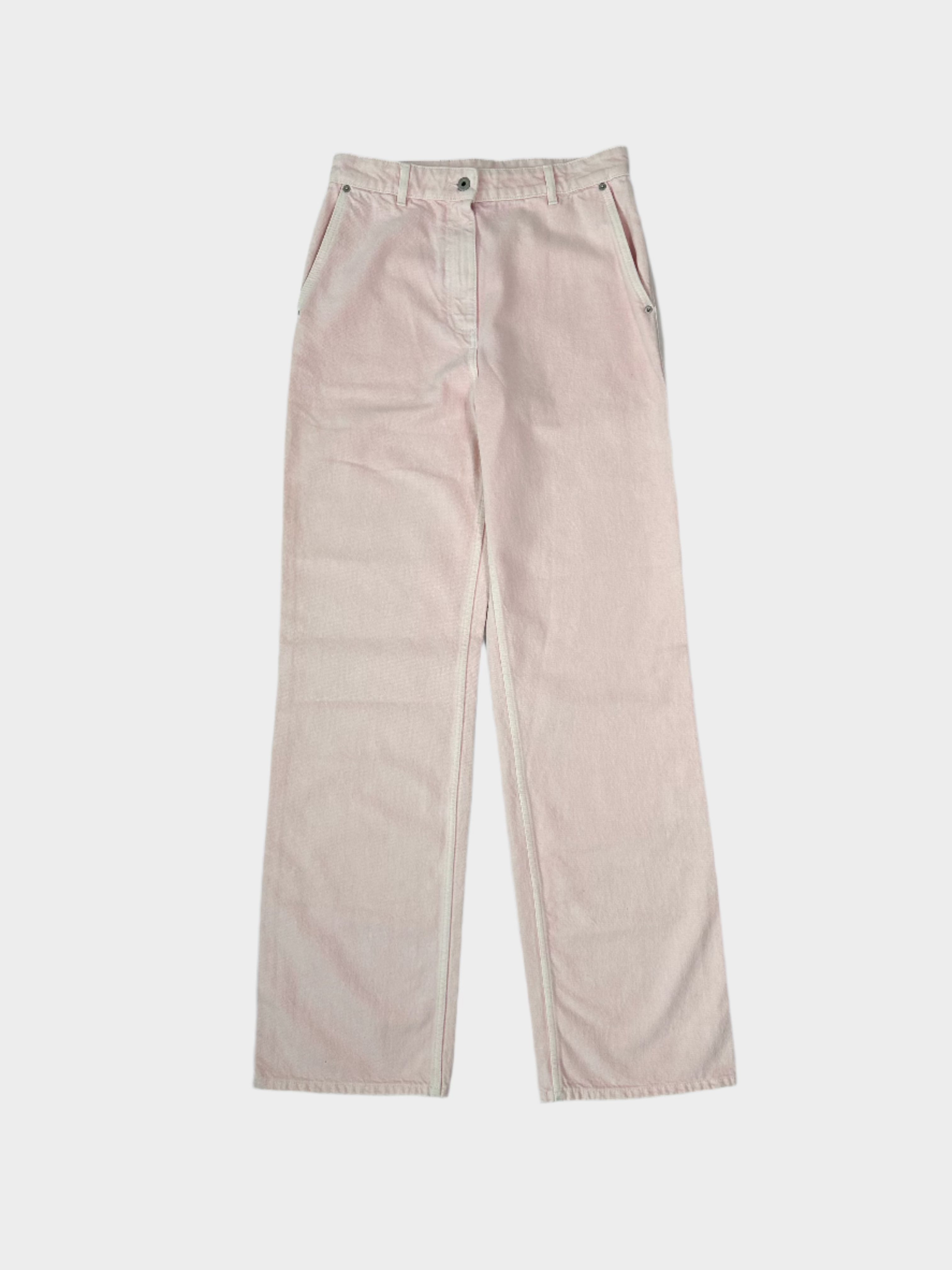 Vista frontale dei pantaloni Burberry rosa chiaro in denim