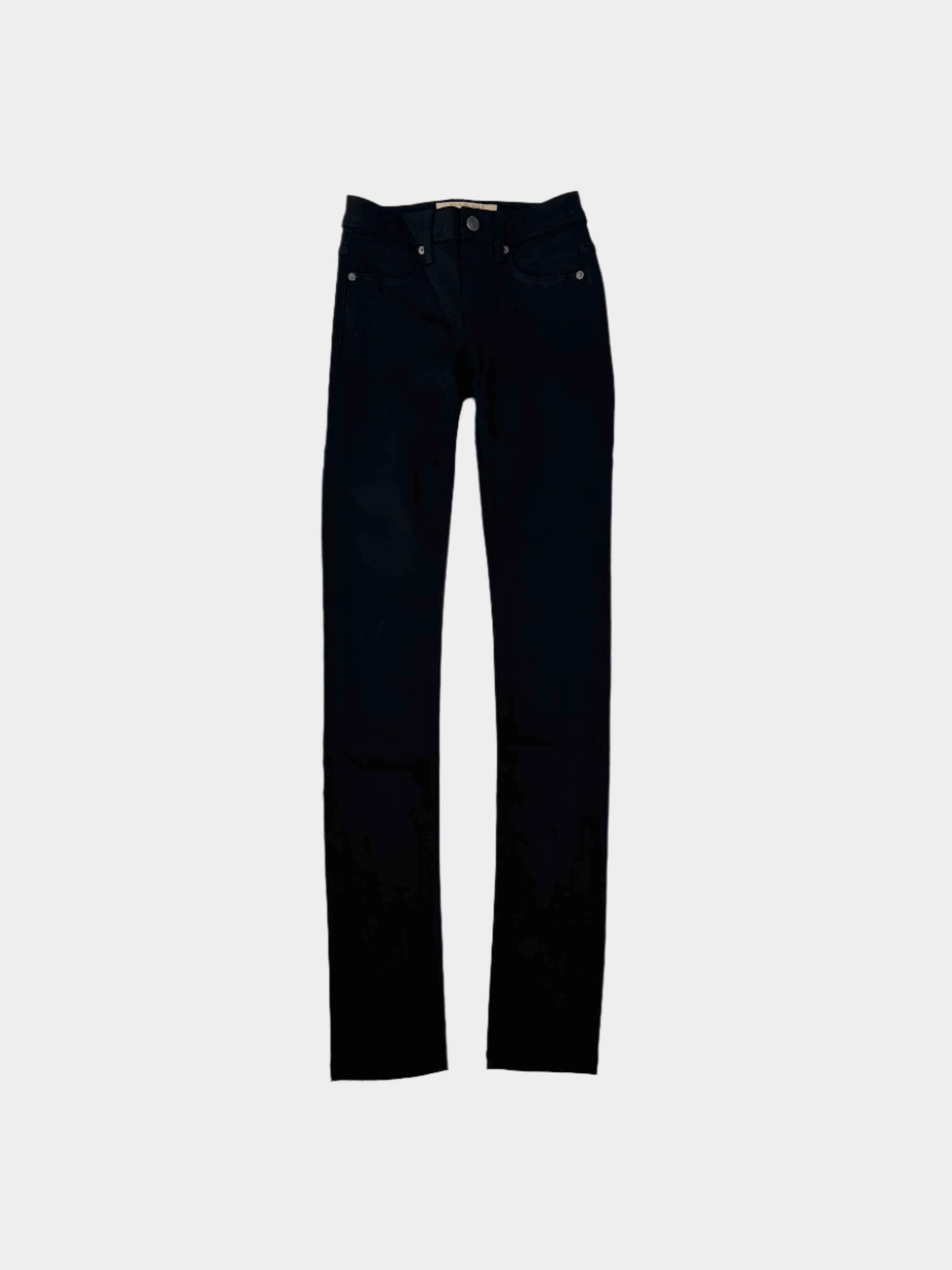 Vista frontale dei pantaloni slim fit neri Burberry in denim stretch