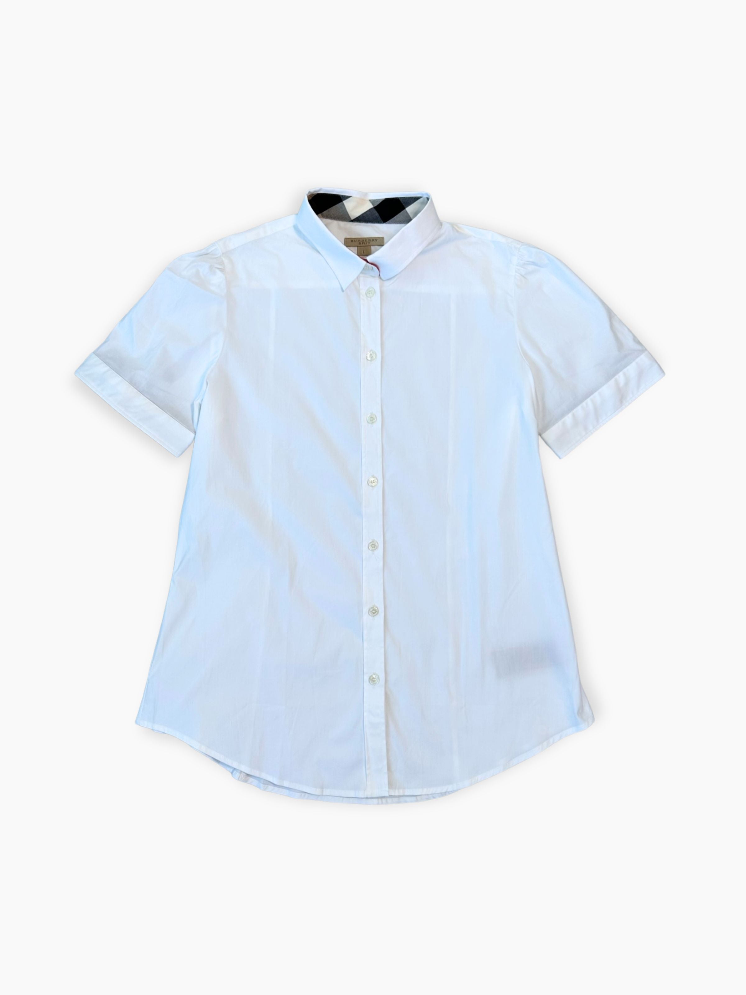 Camicia Burberry bianca in cotone a maniche corte con colletto check vista frontale