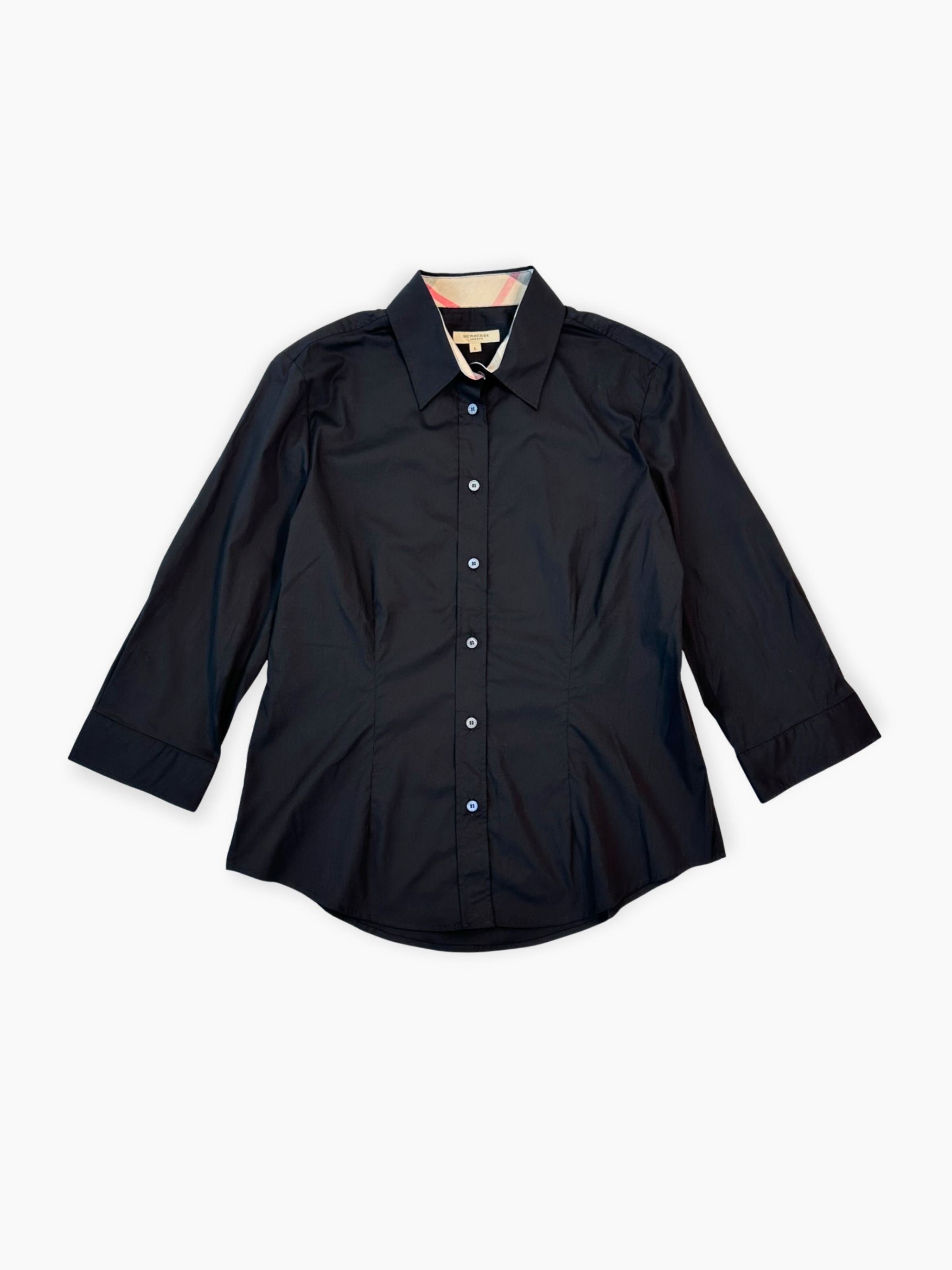 Camicia Burberry nera in cotone con colletto check vista frontale