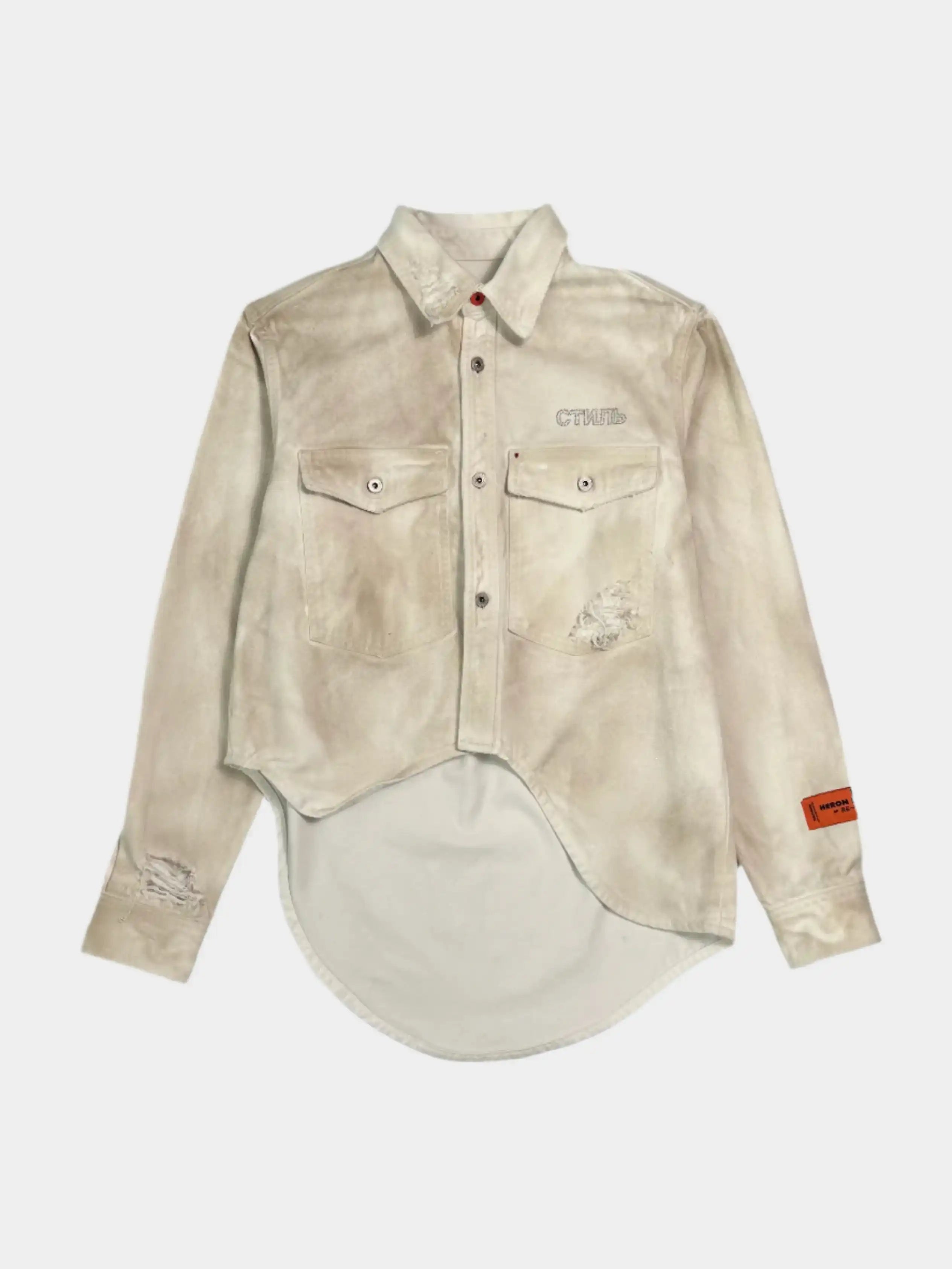 camicia denim grigia, camicia con strass CTNMB, camicia asimmetrica cotone, camicia effetto slavato, camicia Heron Preston donna