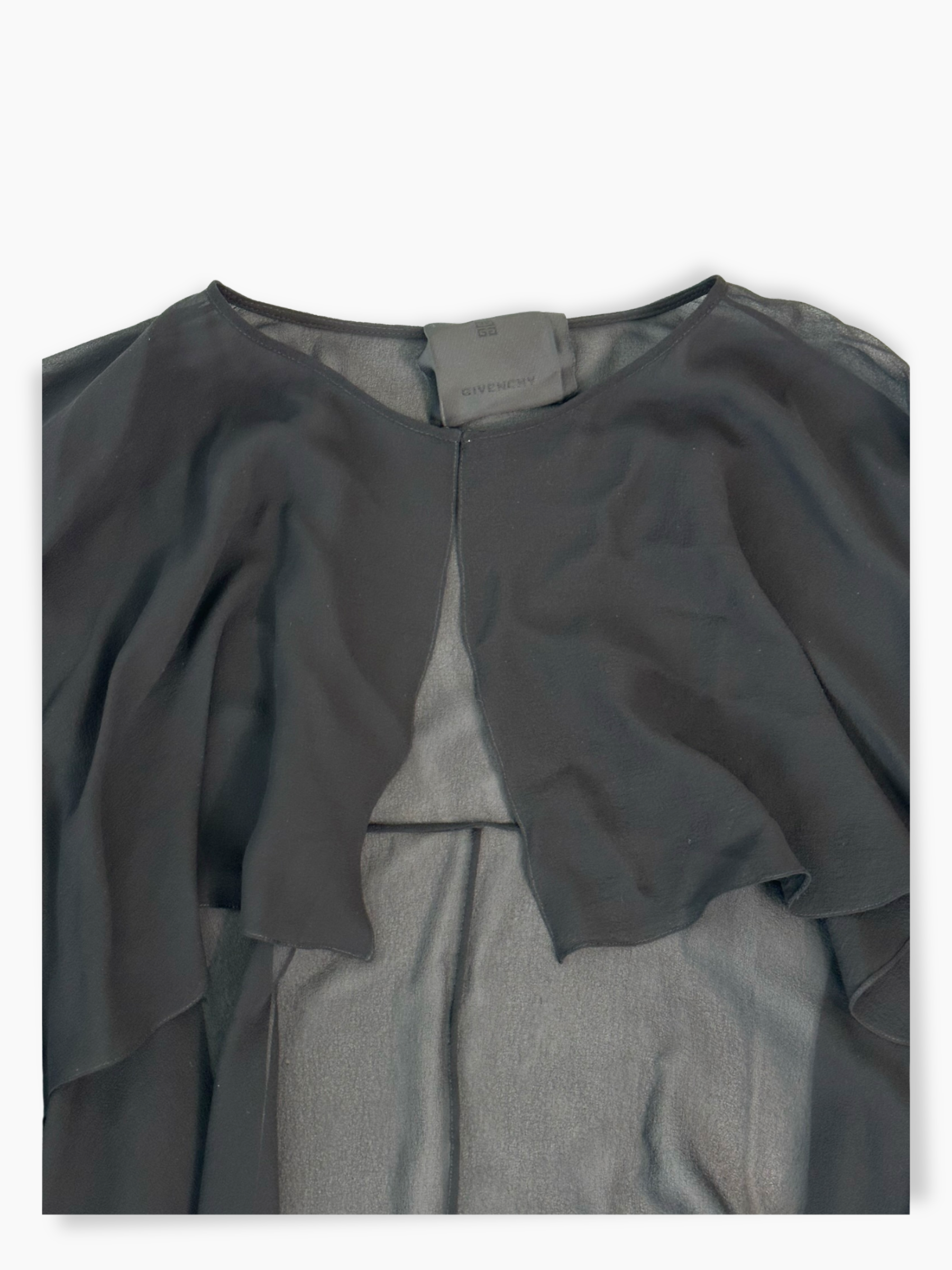 Vista etichetta della camicia nera in chiffon Givenchy