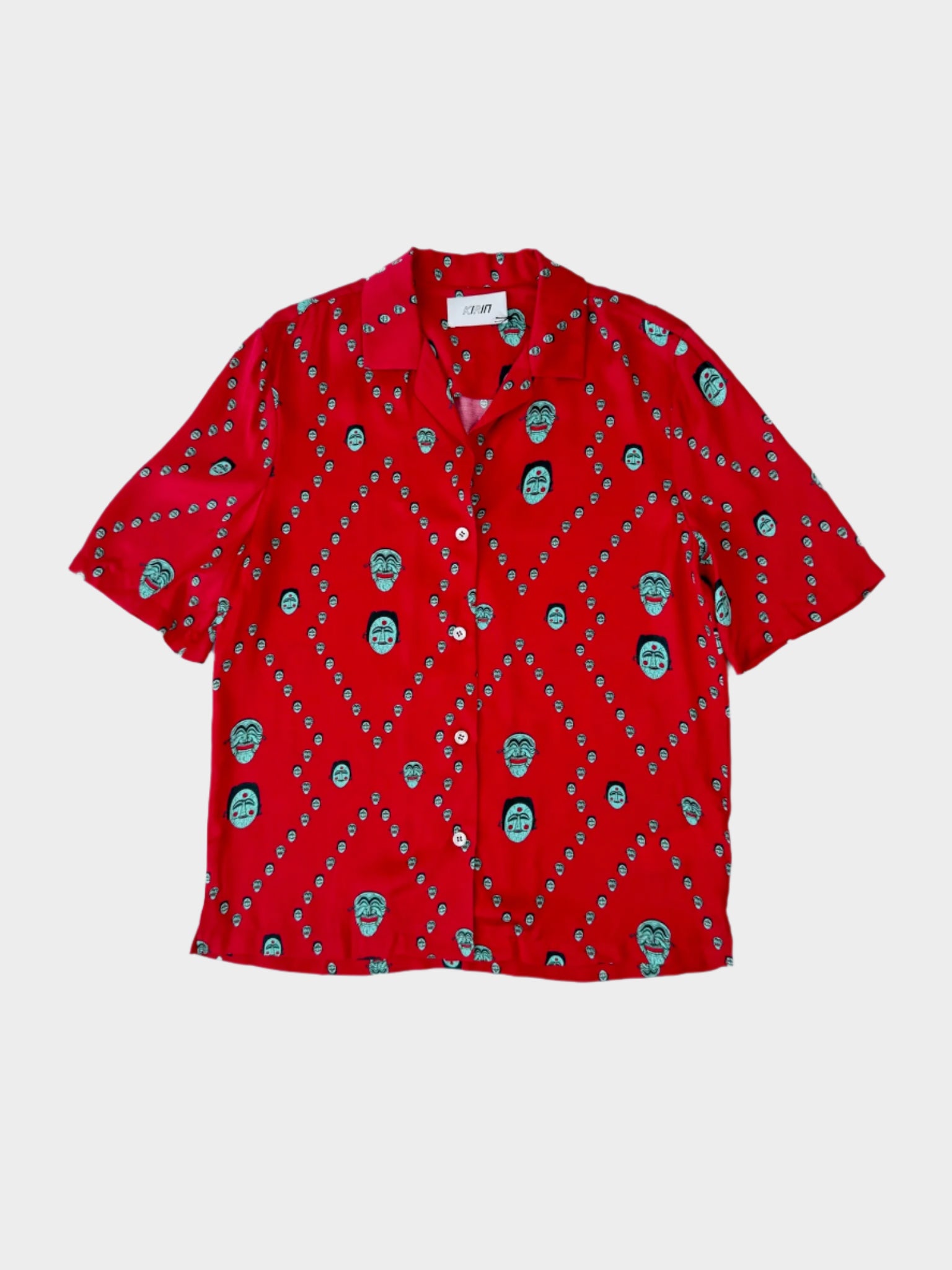 Camicia bowling KIRIN rossa con stampa All Over Masks verde menta vista frontale