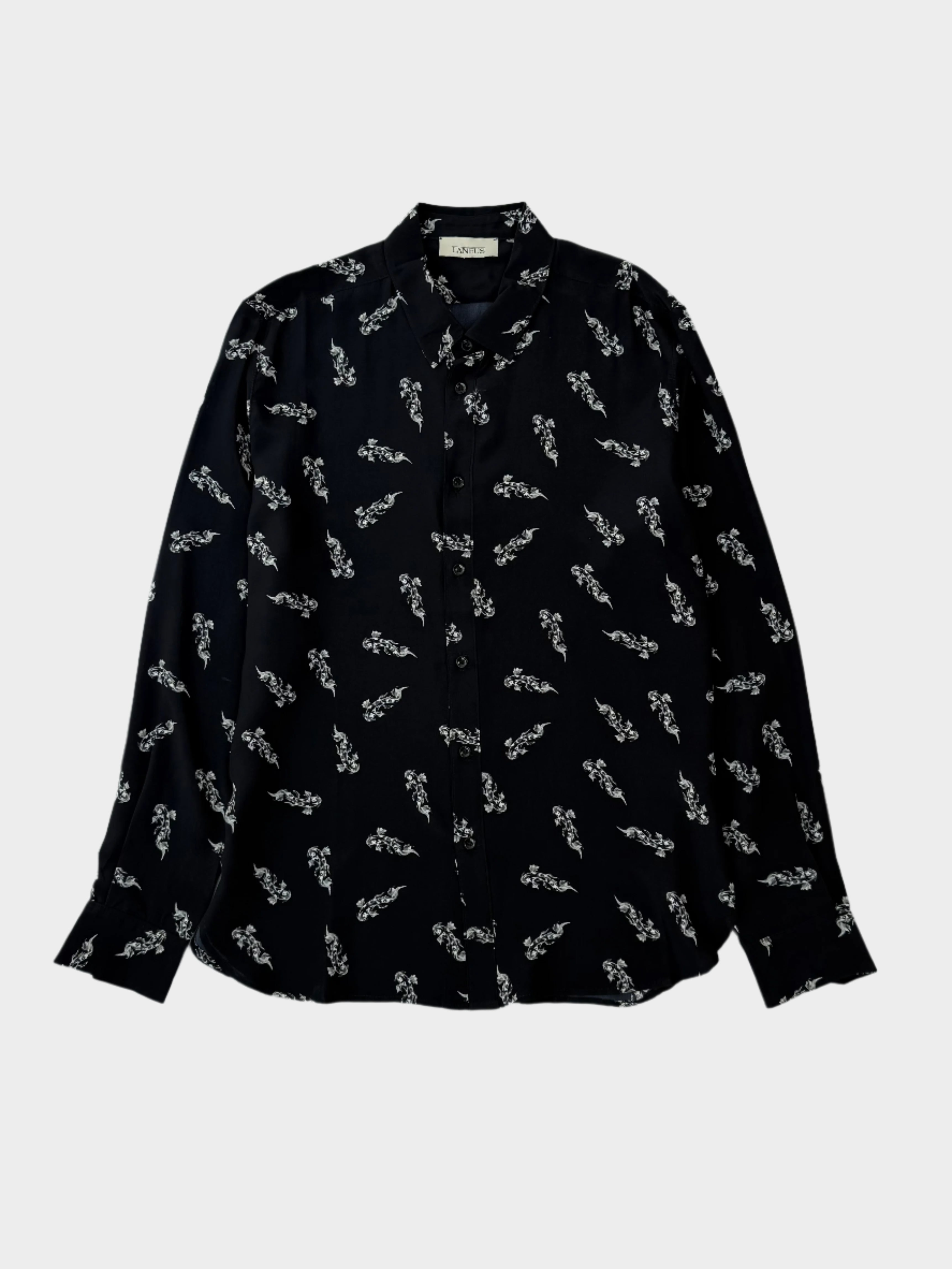 camicia seta Laneus, camicia nera con stampa pesci, camicie particolari uomo, camicia seta elegante, made in Italy


