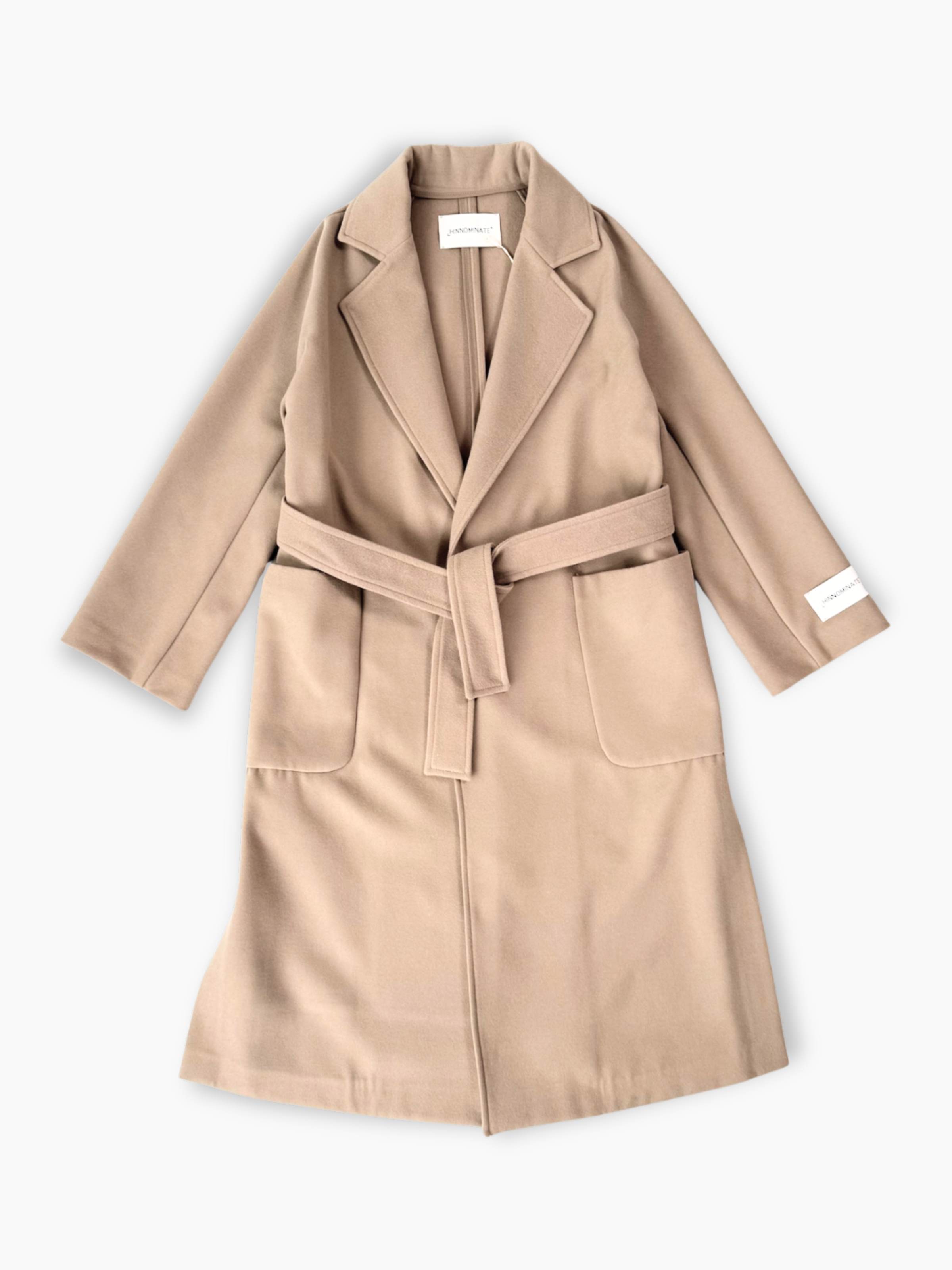 Cappotto beige Hinnominate con cintura in vita e revers classici vista frontale
