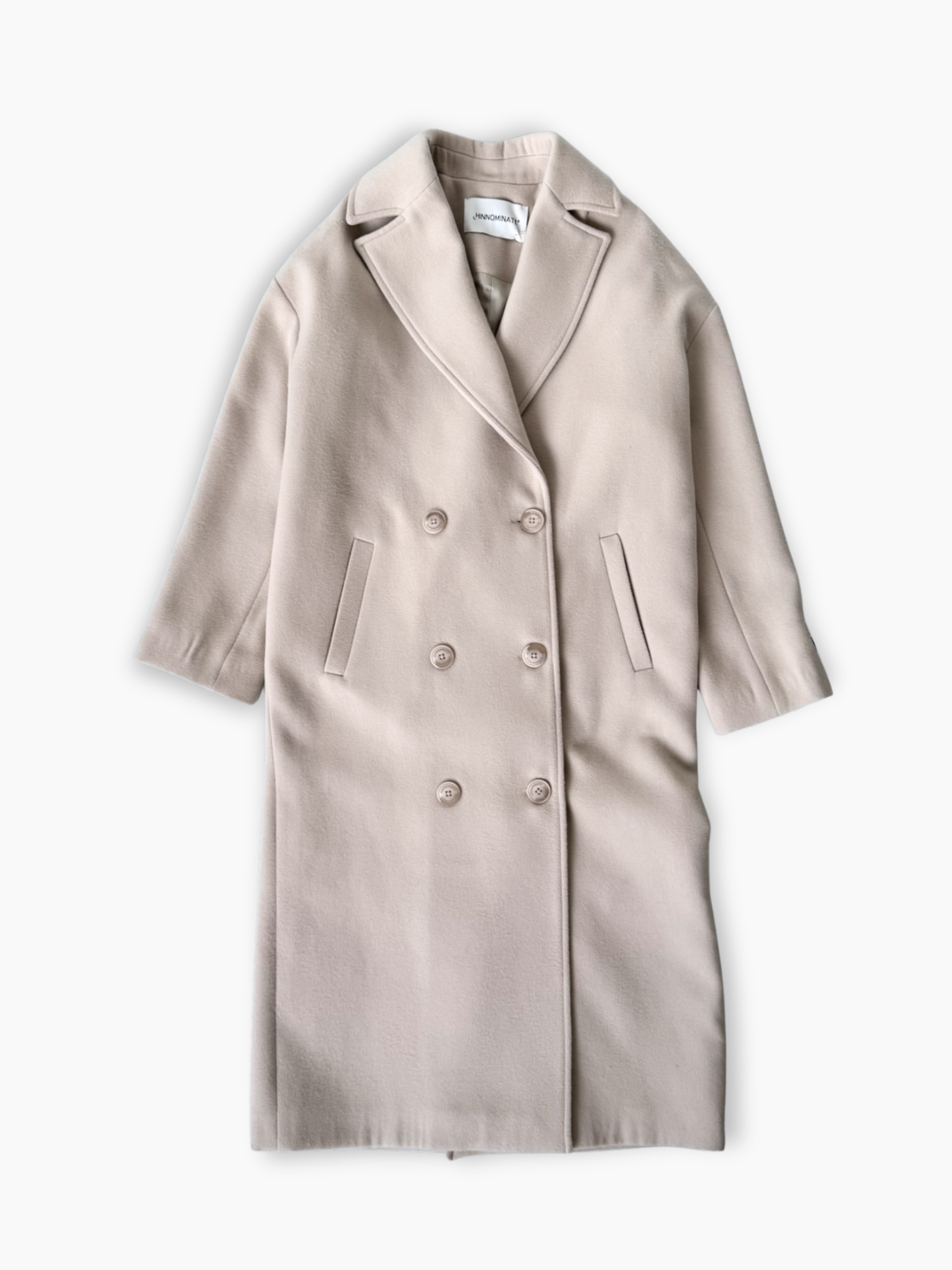 Cappotto lungo beige doppiopetto Hinnominate vista frontale