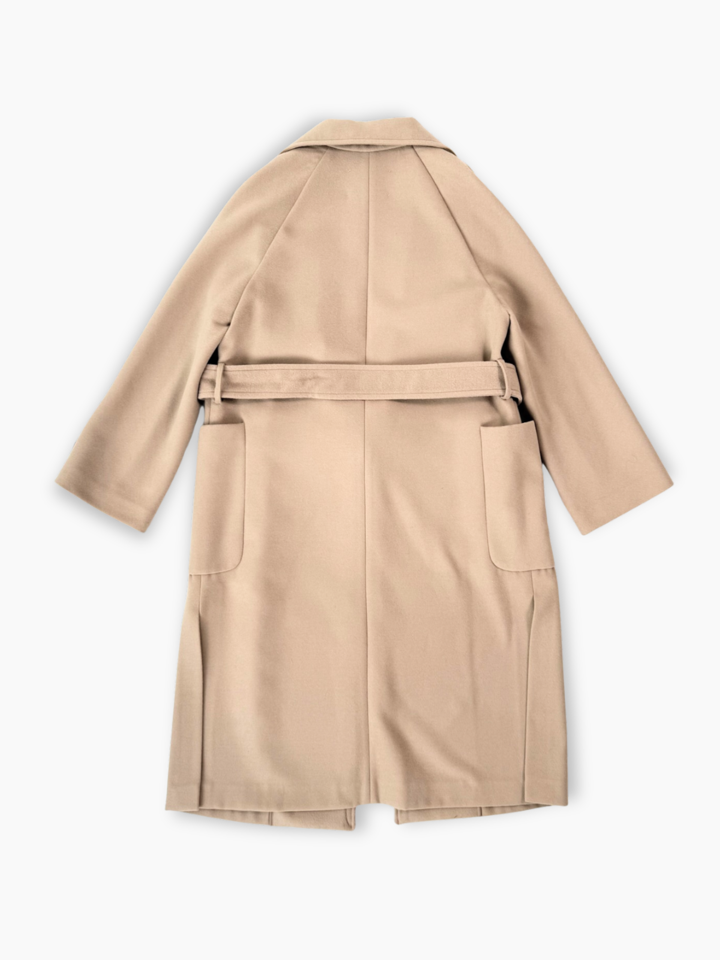 Cappotto beige Hinnominate lungo con cintura vista da dietro