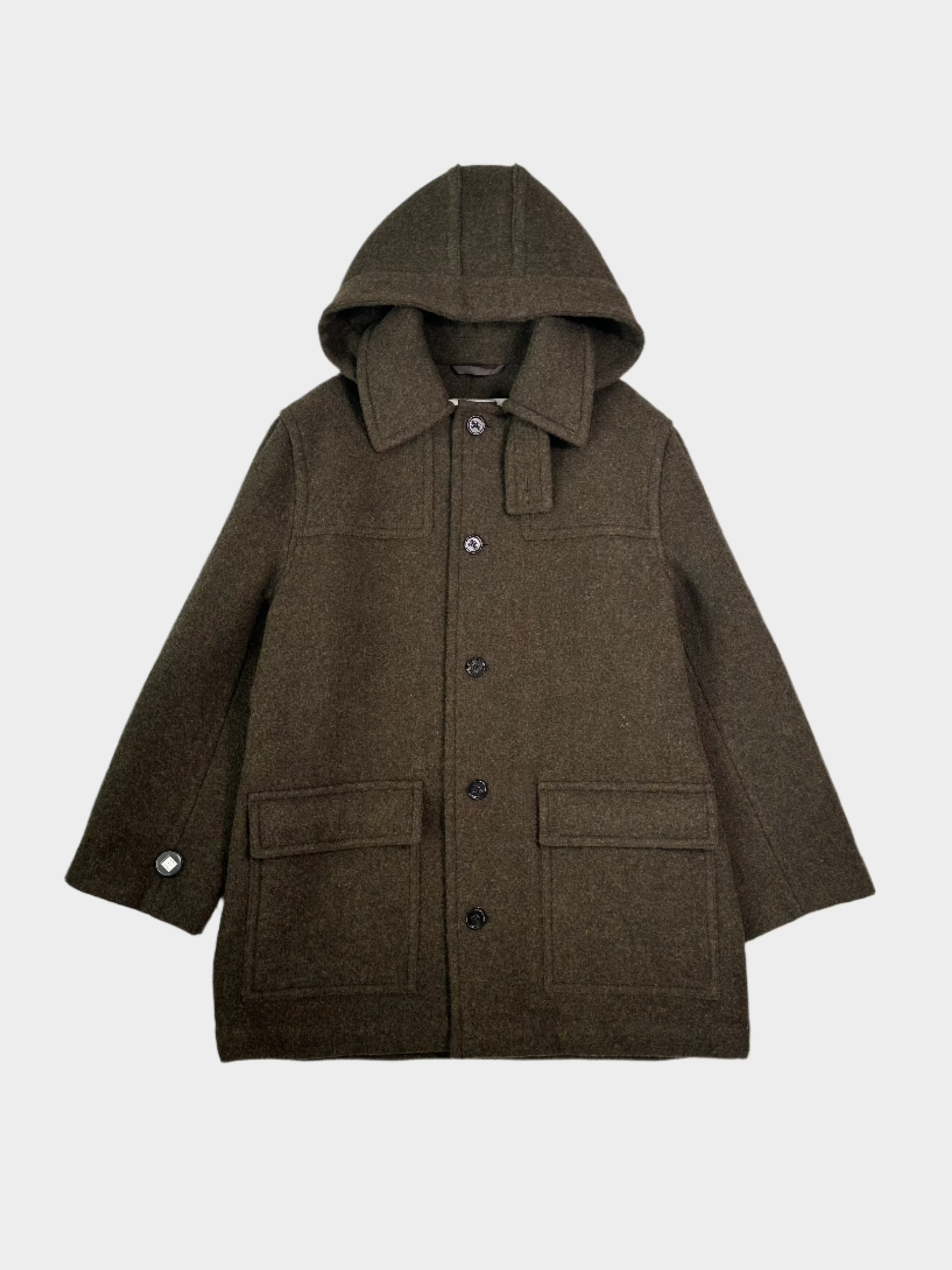 Cappotto Burberry verde oliva in lana con cappuccio fisso e tasche applicate

