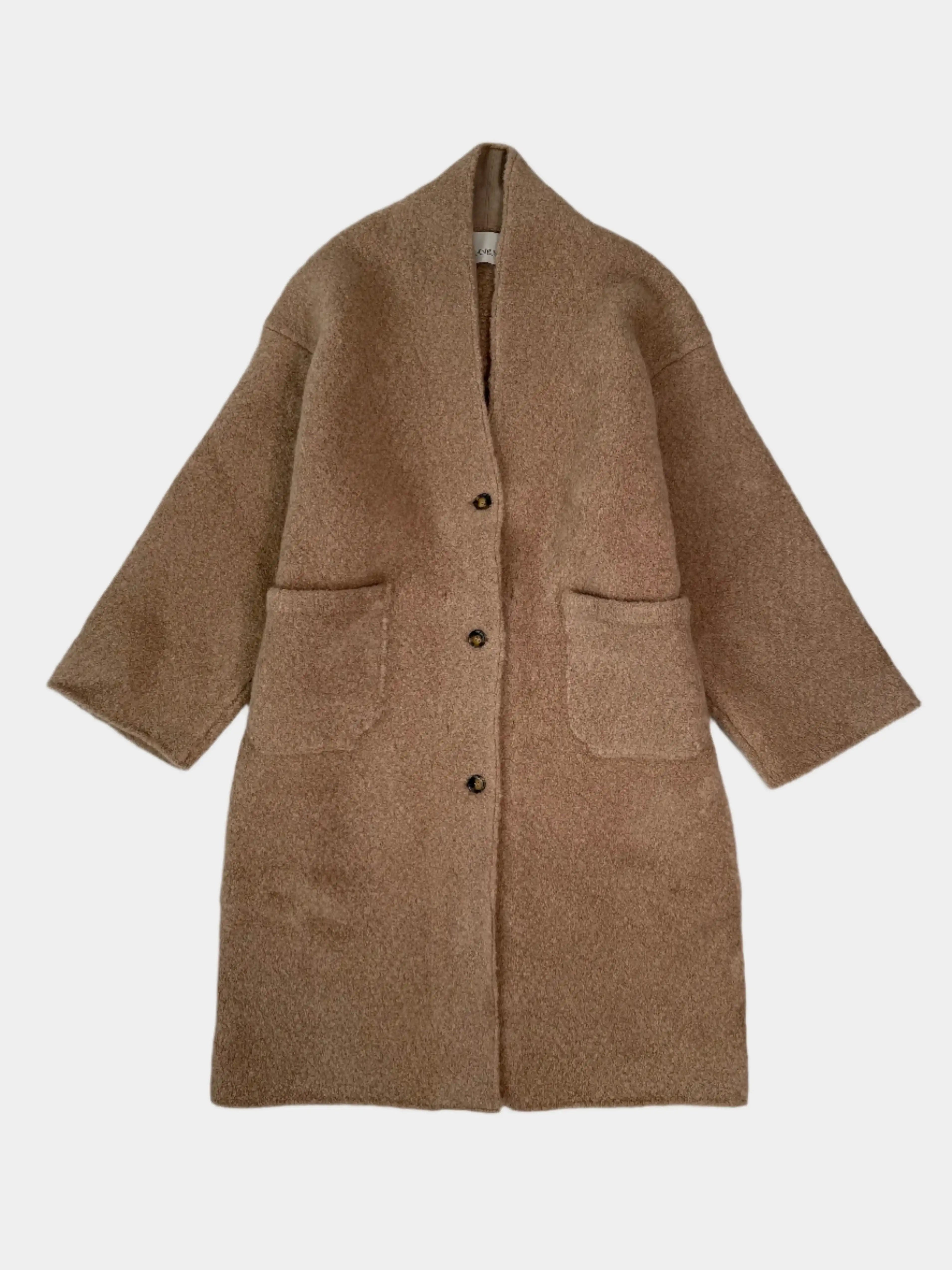 cappotto maglia beige, cappotto lana merino, cappotto bouclé oversize, cappotto invernale donna