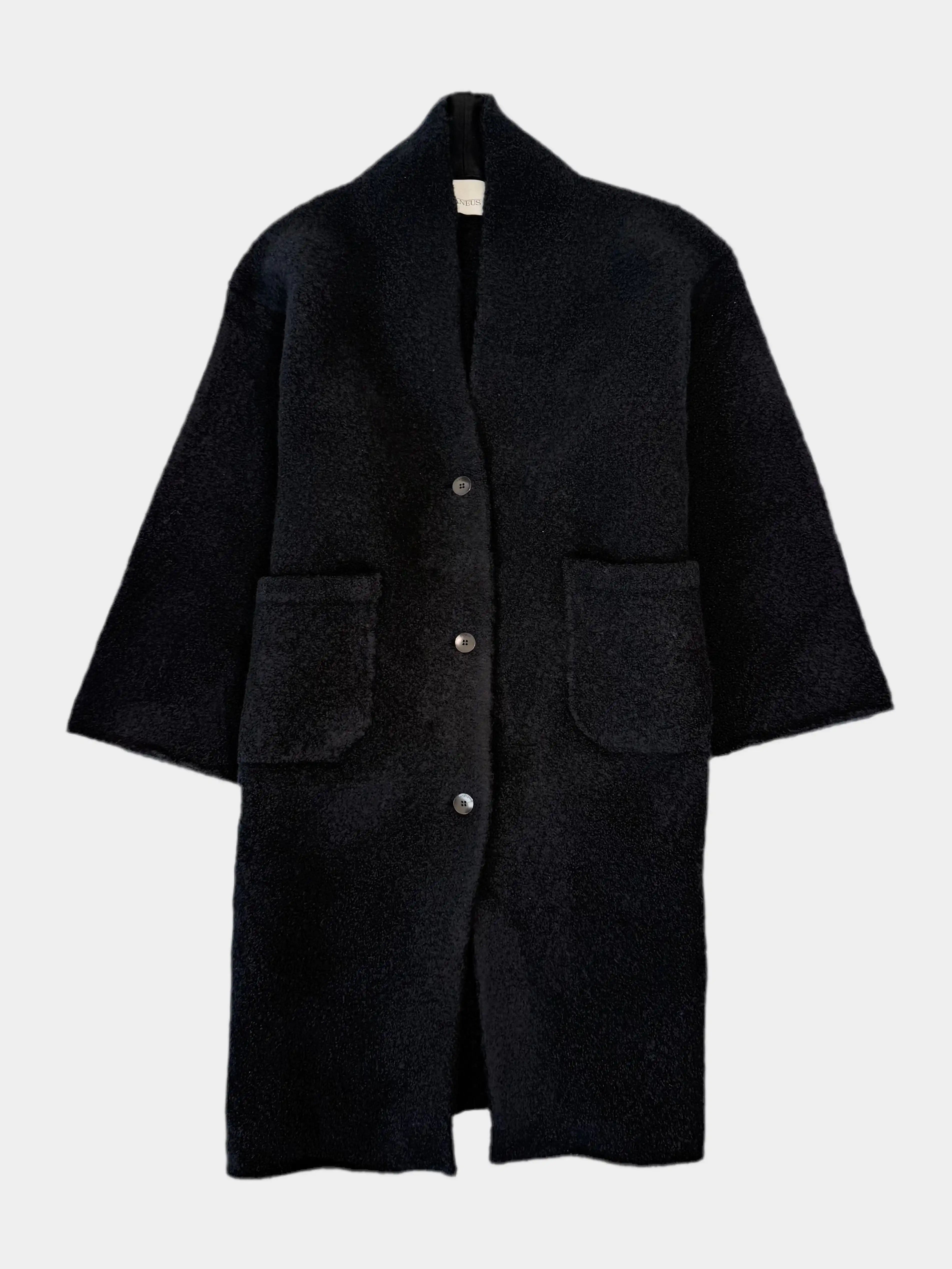 cappotto nero lana, cappotto maglia donna, capospalla nero elegante, cappotto invernale lana, cappotto con tasche e bottoni