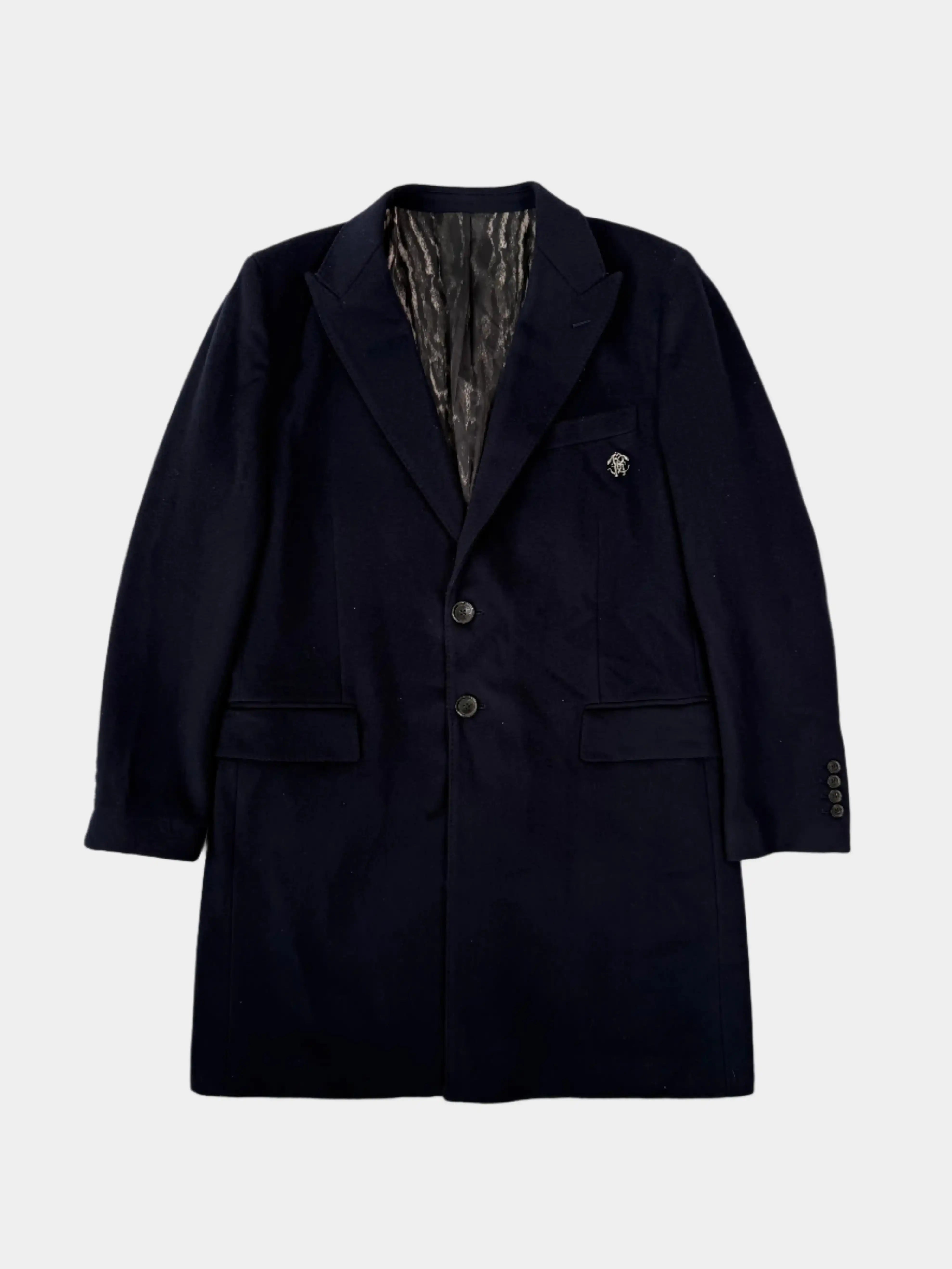 cappotto Roberto Cavalli, cappotto lana blu, cappotto uomo elegante, moda italiana, cappotto con logo

