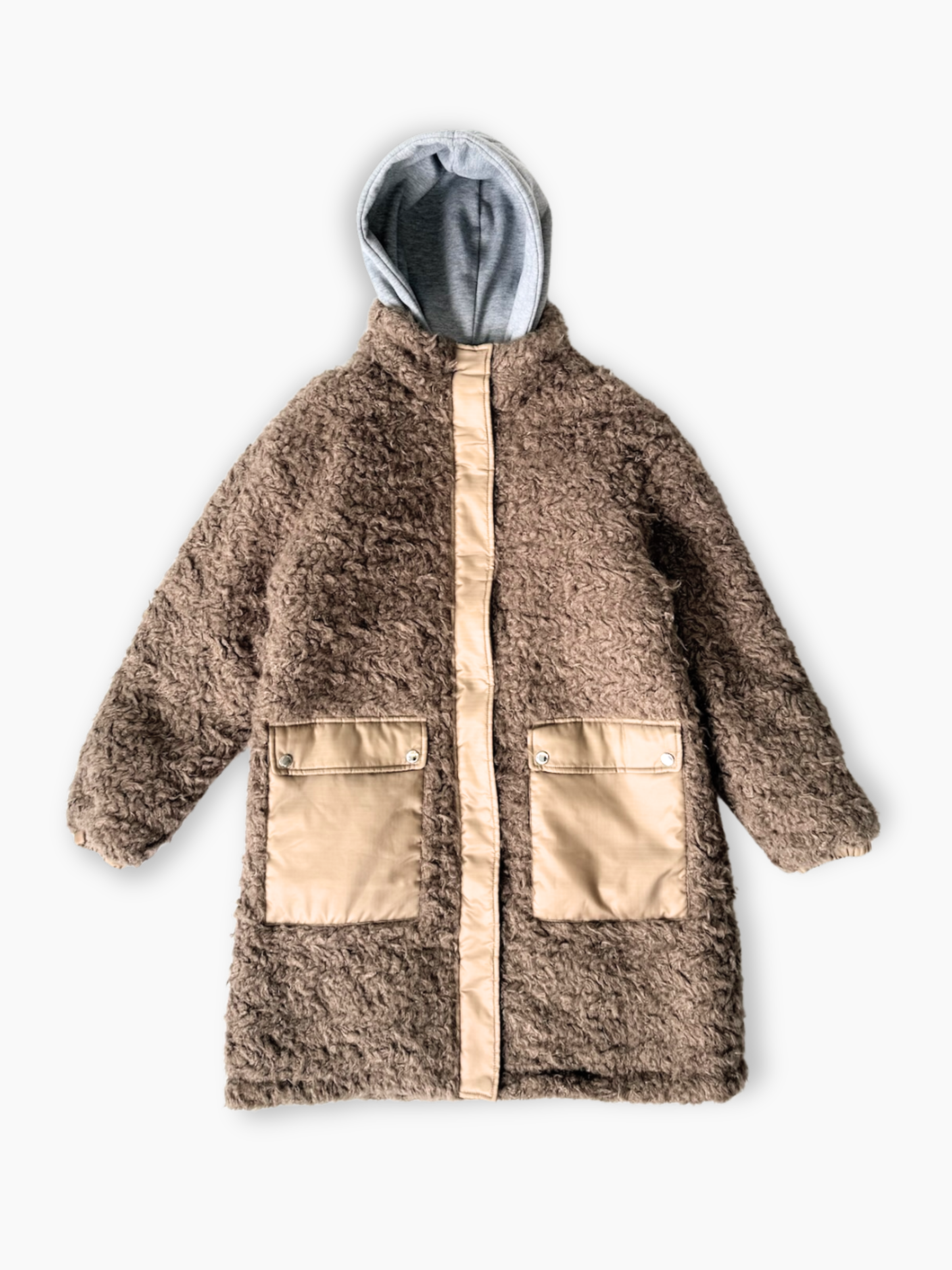 Cappotto teddy marrone Hinnominate con cappuccio e tasche vista frontale