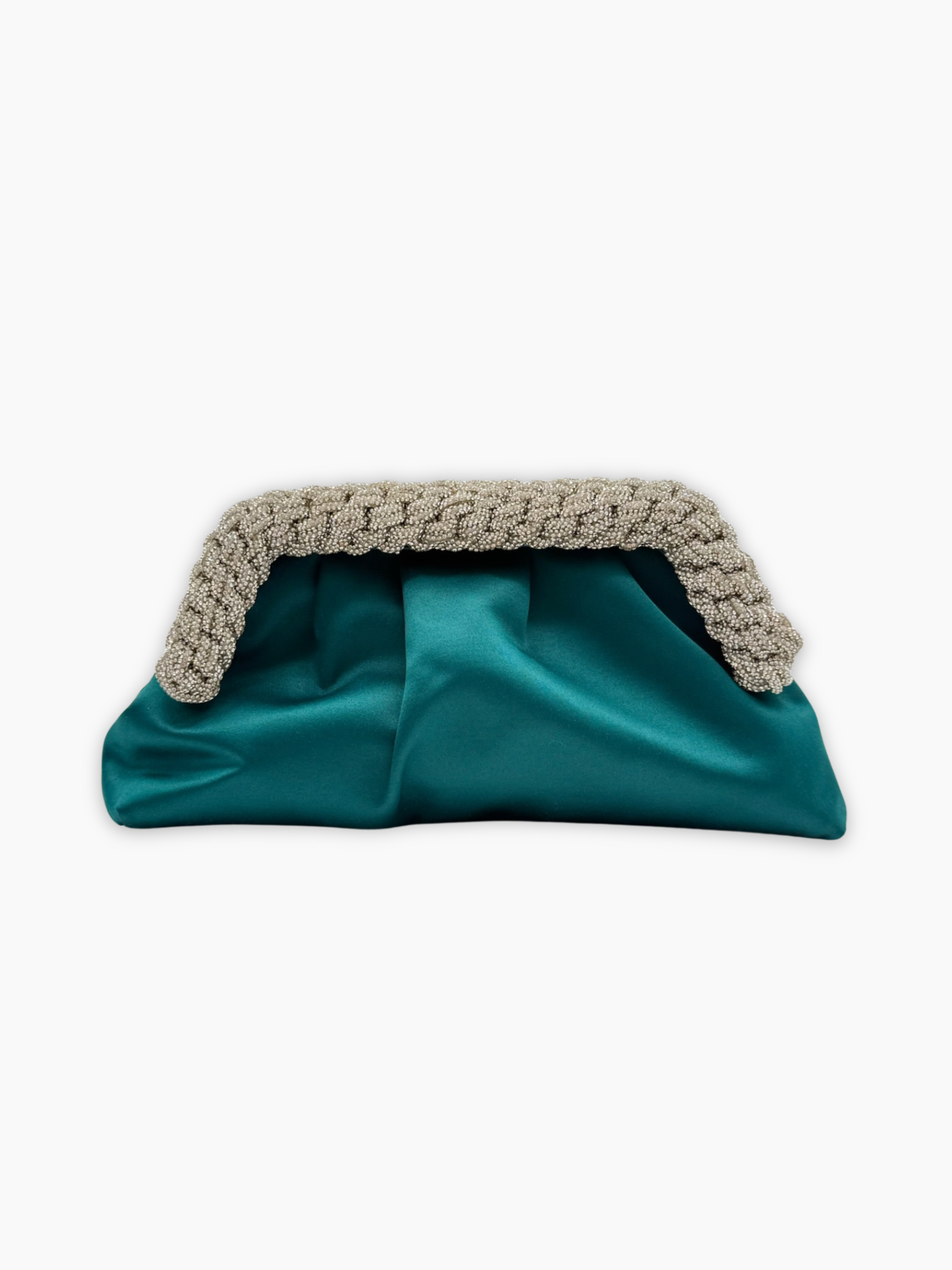 Clutch Hibourama in raso petrolio con dettagli in perline vista frontale