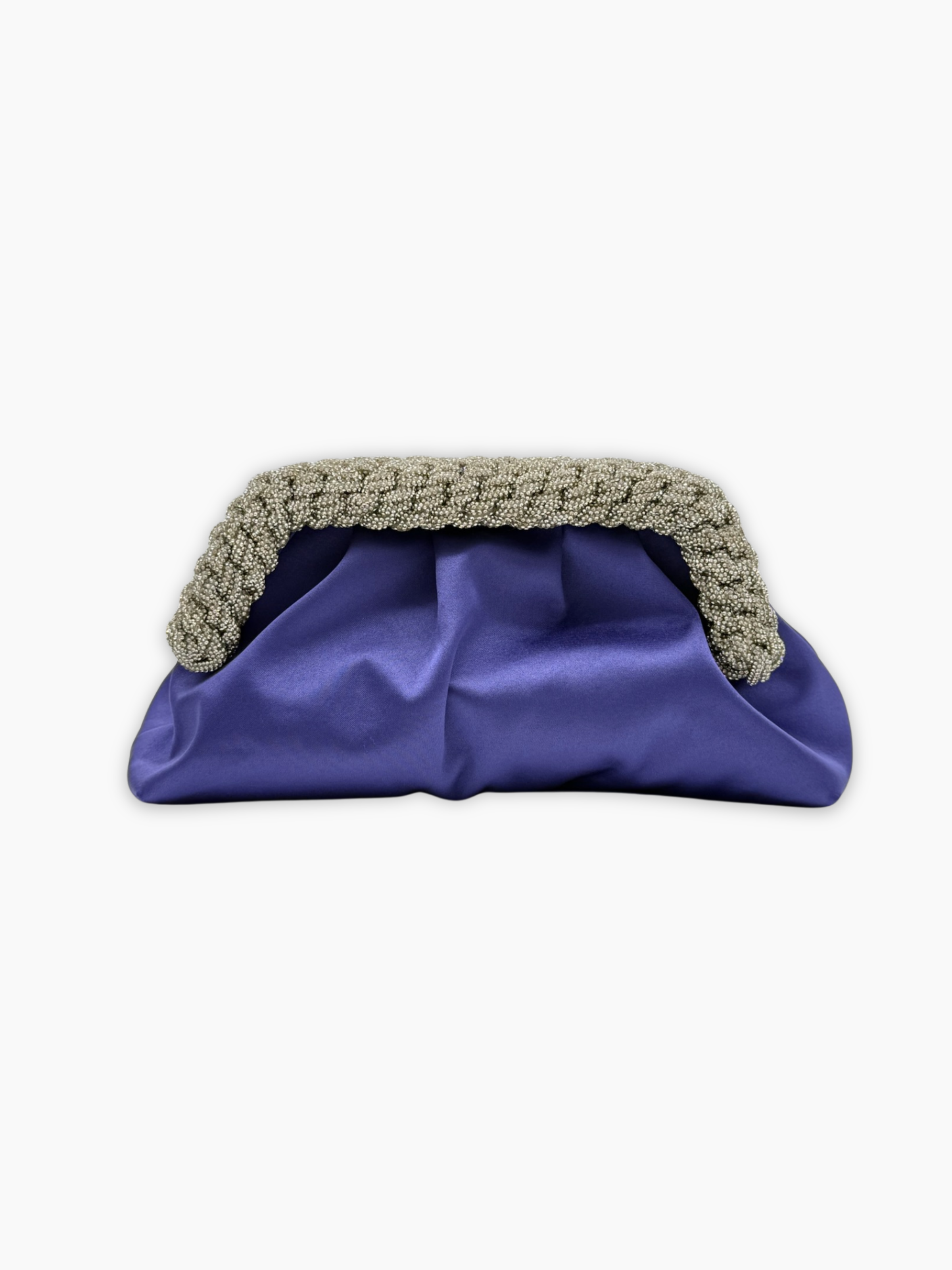 Clutch Hibourama in raso viola con dettagli in perline vista frontale