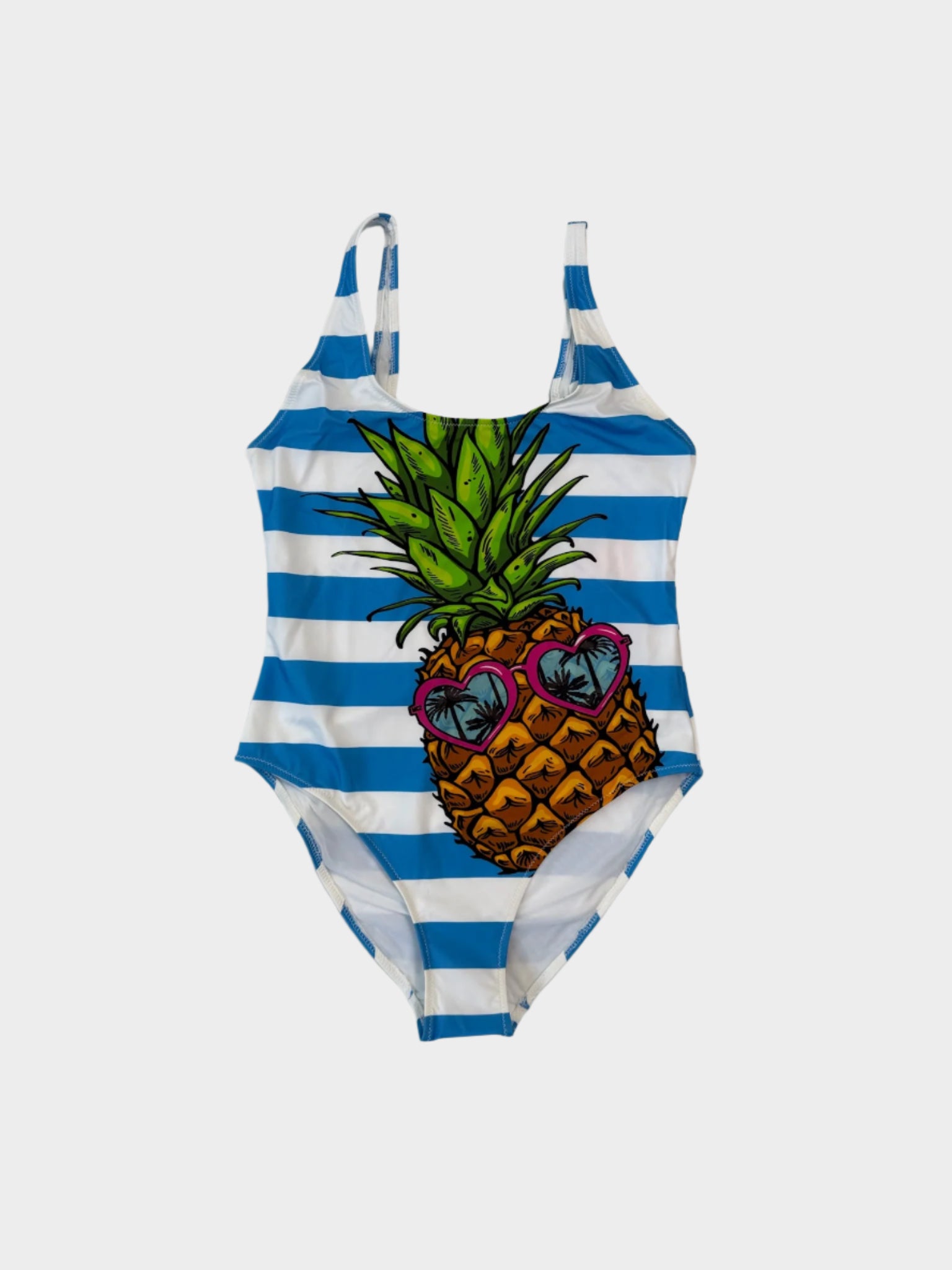 Costume intero Saint Barth con stampa ananas e righe bianche e azzurre visto di fronte