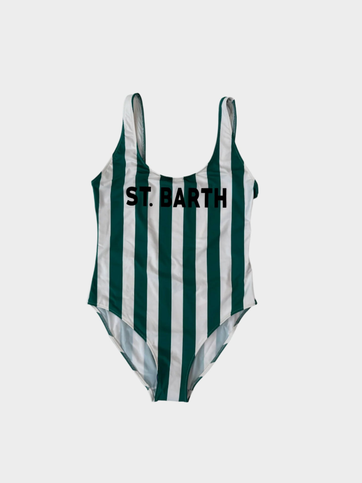 Costume intero Saint Barth a righe verdi e bianche visto da fronte