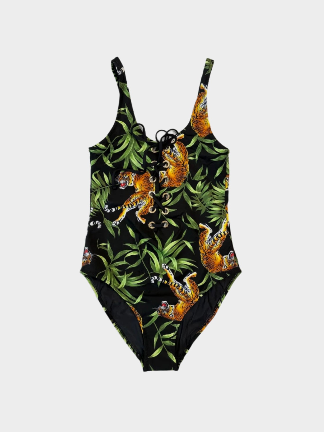 Costume intero con stampa foglie e tigri visto da davanti