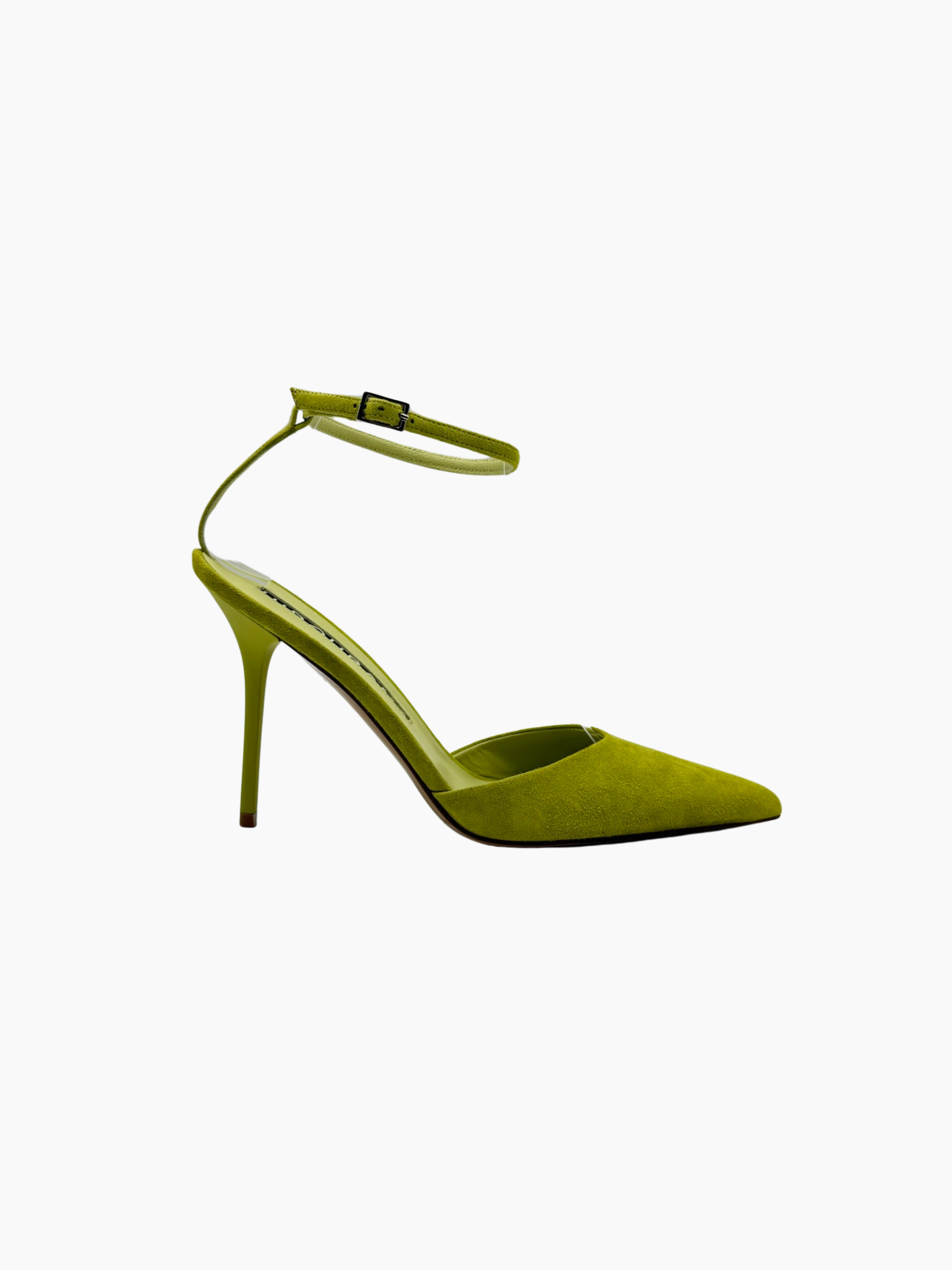 Décolleté Mila in suede verde lime con cinturino alla caviglia vista laterale