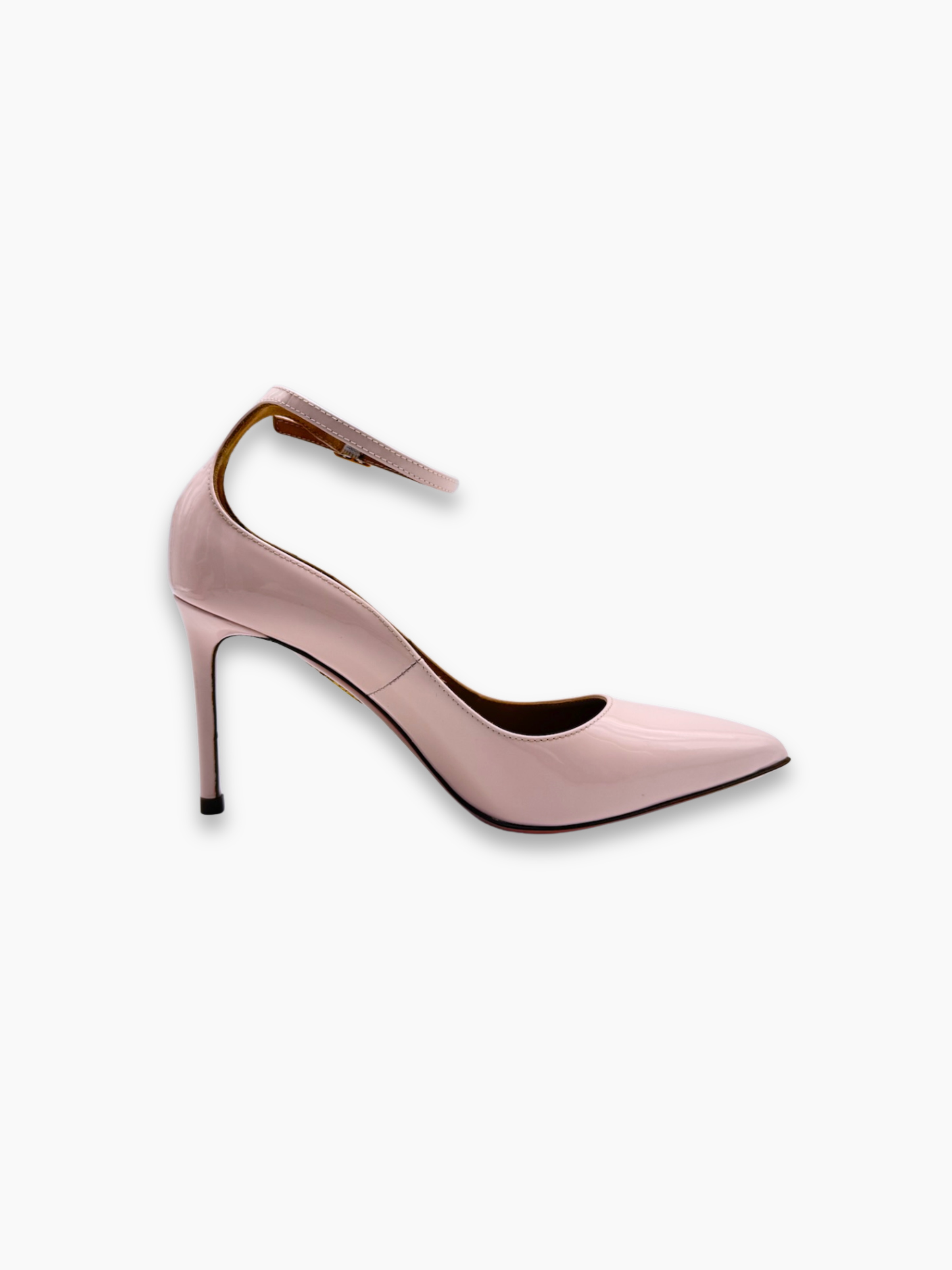 Décolleté Aquazzura rosa cipria in vernice con cinturino alla caviglia e punta affusolata